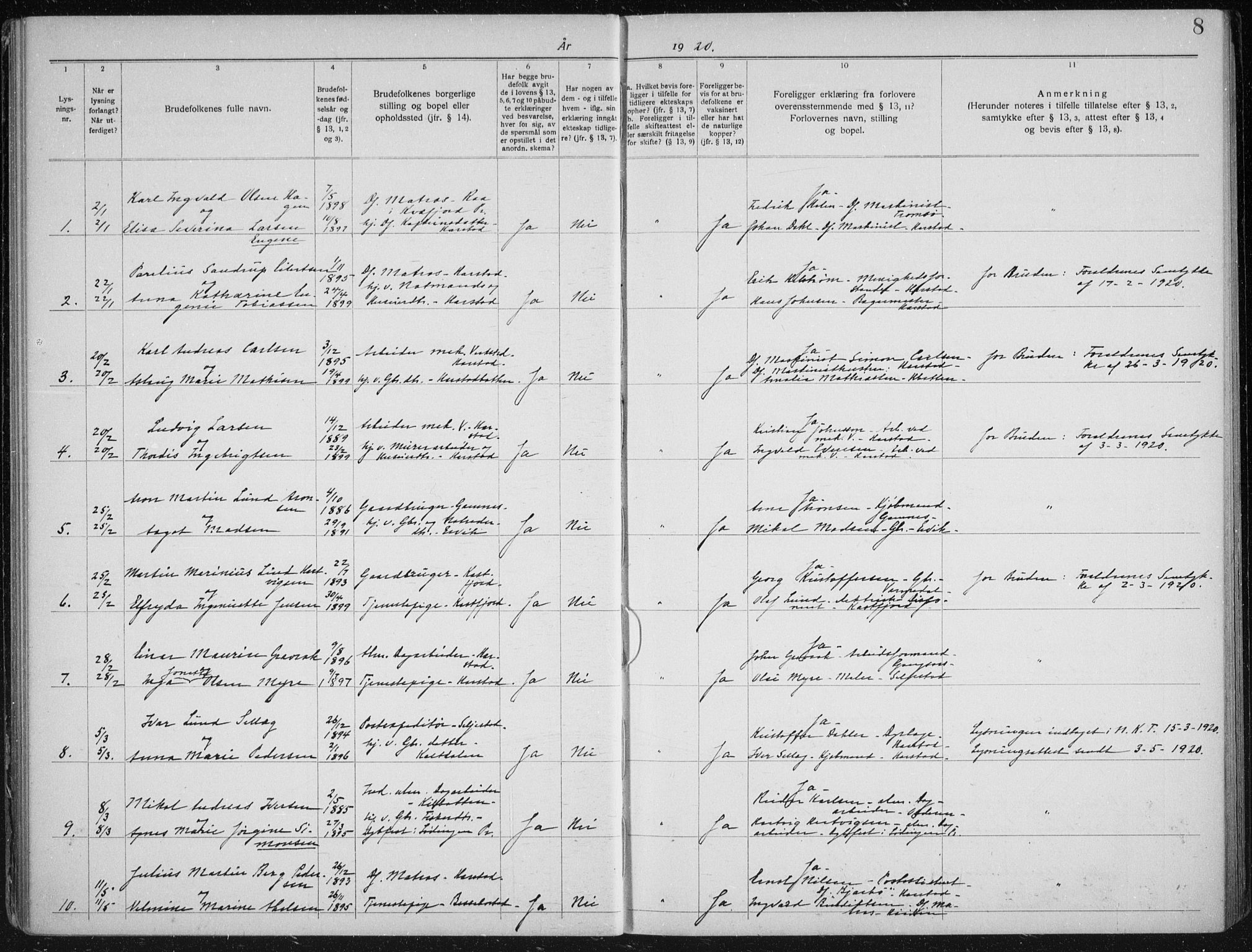 Trondenes sokneprestkontor, SATØ/S-1319/I/Ib/L0099: Lysningsprotokoll nr. 99, 1919-1930, s. 8