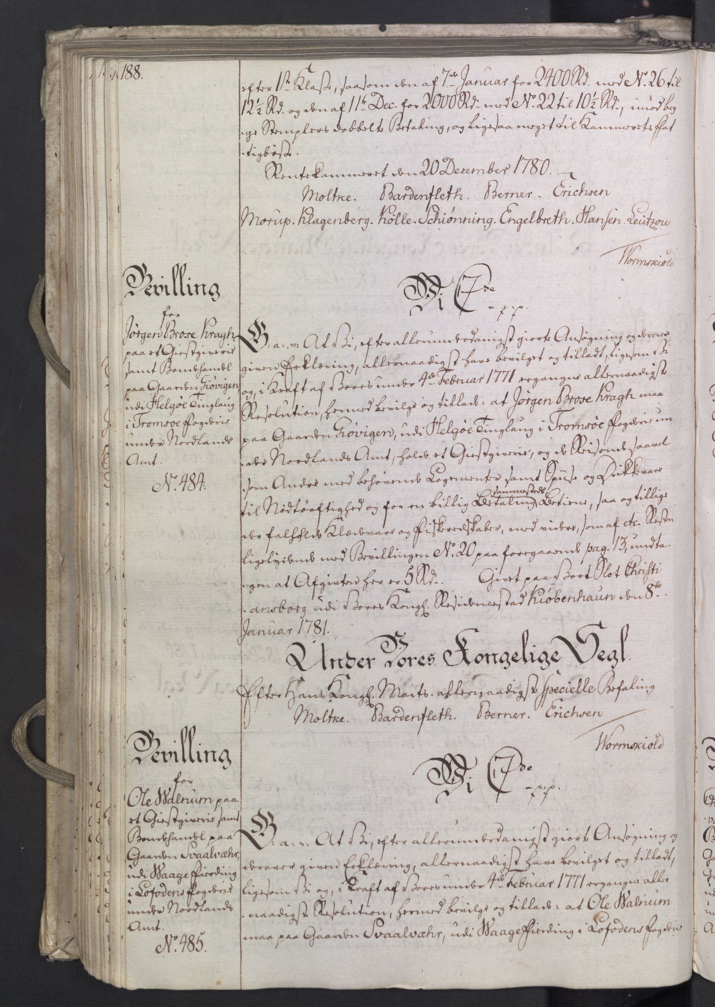 Rentekammeret, Kammerkanselliet, AV/RA-EA-3111/G/Gg/Gga/L0011: Norsk ekspedisjonsprotokoll med register (merket RK 53.11), 1779-1781, s. 188