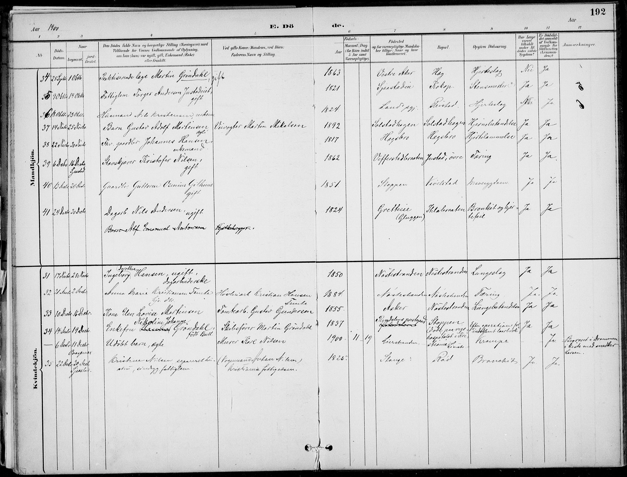 Lier kirkebøker, AV/SAKO-A-230/F/Fa/L0016: Ministerialbok nr. I 16, 1895-1900, s. 192