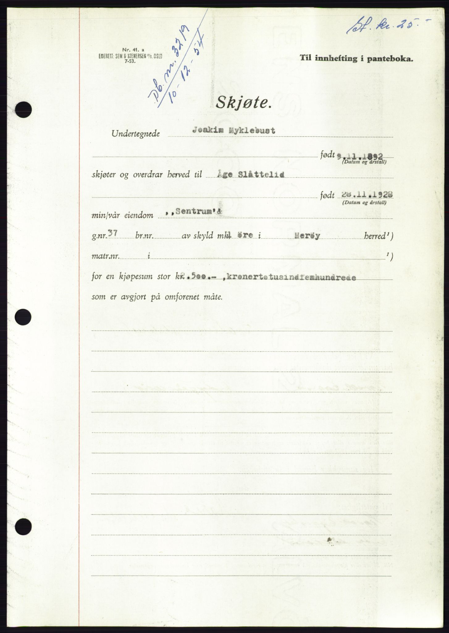 Søre Sunnmøre sorenskriveri, AV/SAT-A-4122/1/2/2C/L0099: Pantebok nr. 25A, 1954-1954, Dagboknr: 3219/1954