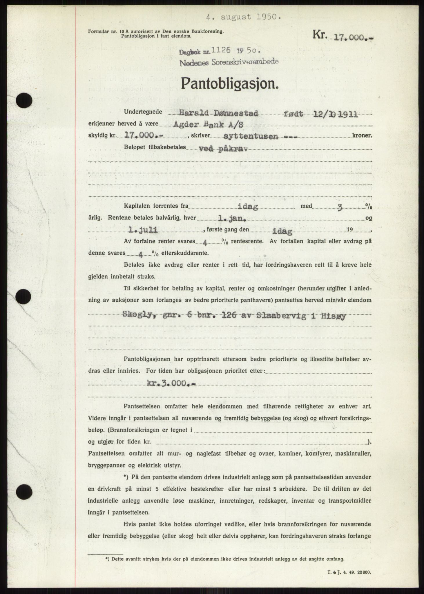 Nedenes sorenskriveri, SAK/1221-0006/G/Gb/Gbb/L0008: Pantebok nr. B8, 1950-1950, Dagboknr: 1126/1950