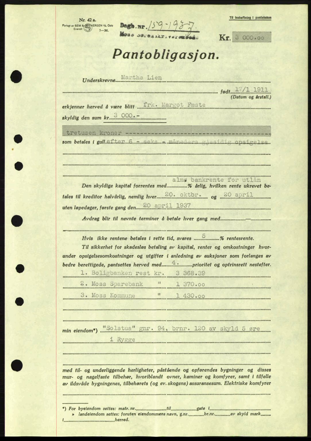 Moss sorenskriveri, SAO/A-10168: Pantebok nr. B3, 1937-1937, Dagboknr: 159/1937