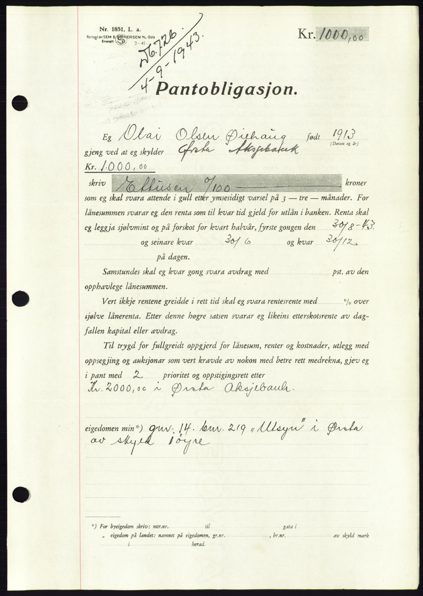 Søre Sunnmøre sorenskriveri, AV/SAT-A-4122/1/2/2C/L0114: Pantebok nr. 1-2B, 1943-1947, Dagboknr: 726/1943