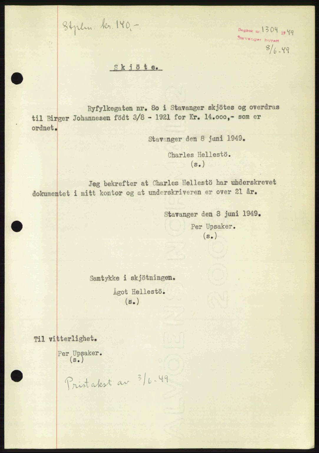 Stavanger byrett, SAST/A-100455/002/G/Gb/L0023: Pantebok nr. A12, 1948-1949, Dagboknr: 1304/1949