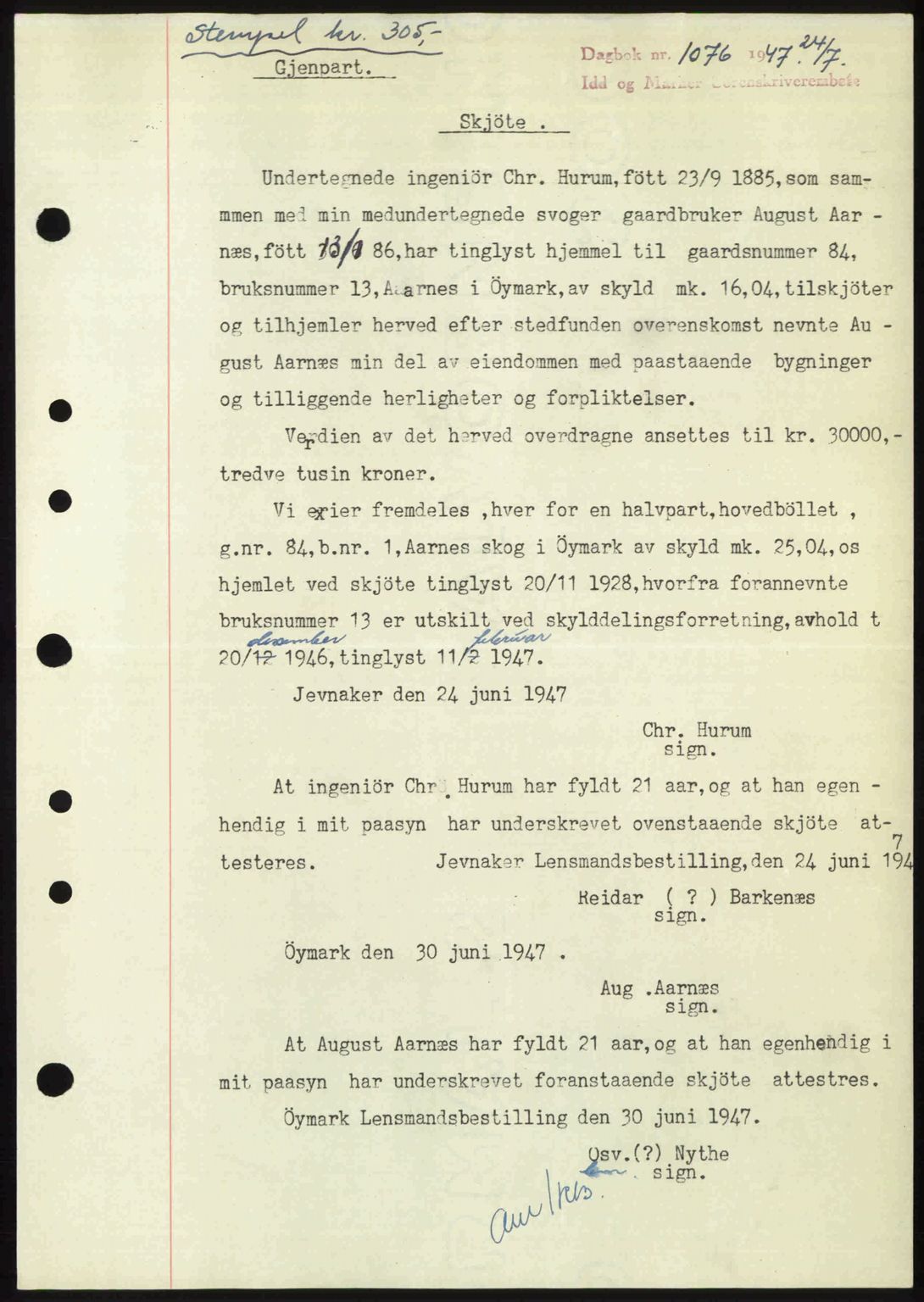 Idd og Marker sorenskriveri, SAO/A-10283/G/Gb/Gbb/L0009: Pantebok nr. A9, 1946-1947, Dagboknr: 1076/1947