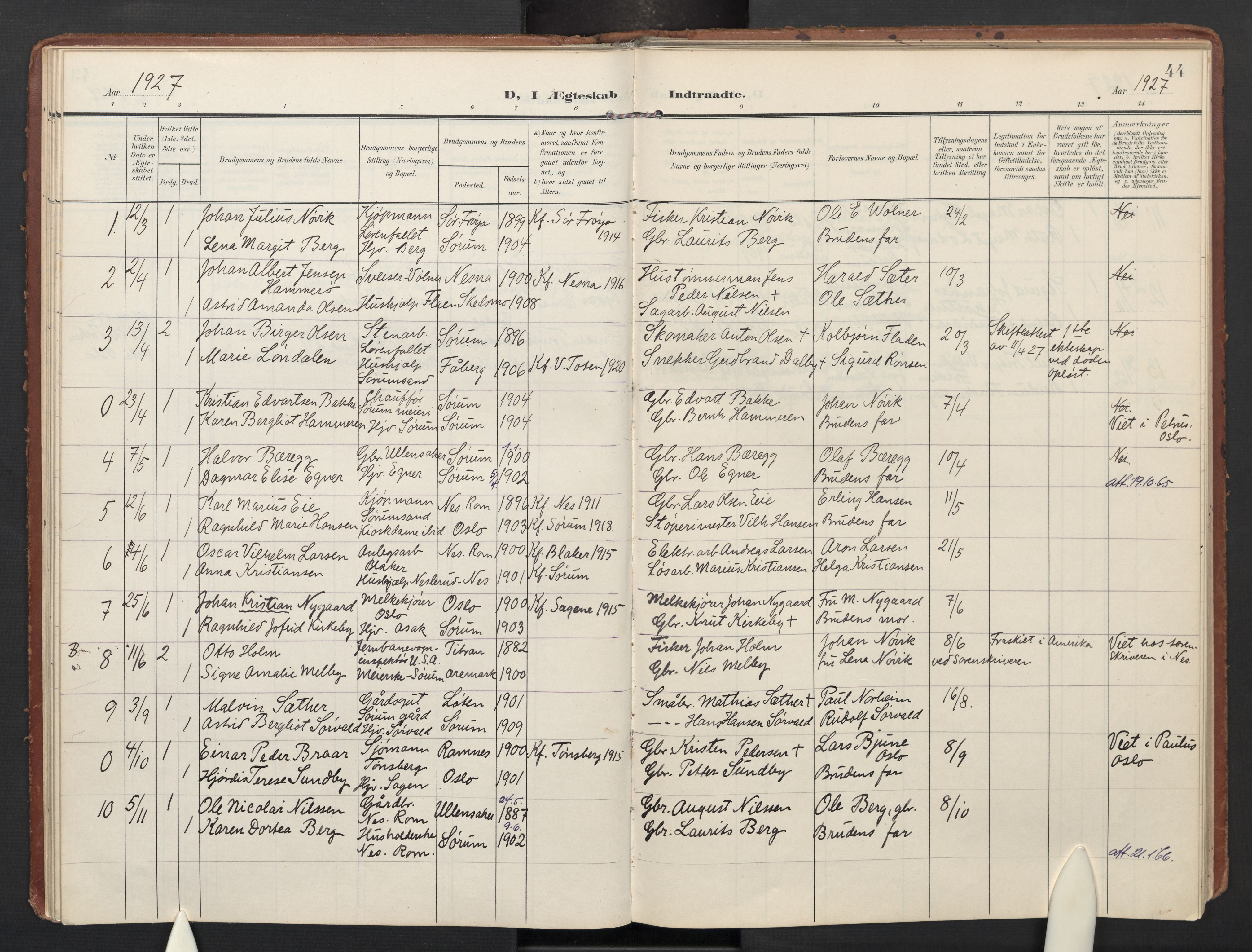 Sørum prestekontor Kirkebøker, AV/SAO-A-10303/F/Fa/L0009: Ministerialbok nr. I 9, 1905-1931, s. 44