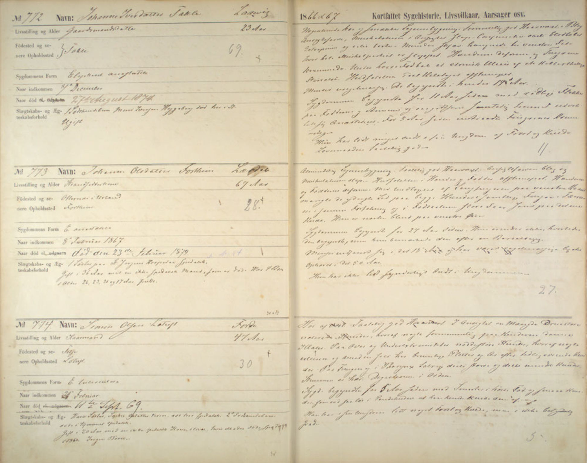 Lepraarkiver - Pleiestiftelsen for spedalske no.1, SAB/A-60601/C/L0009: Pasientfortegnelse, 1865-1882