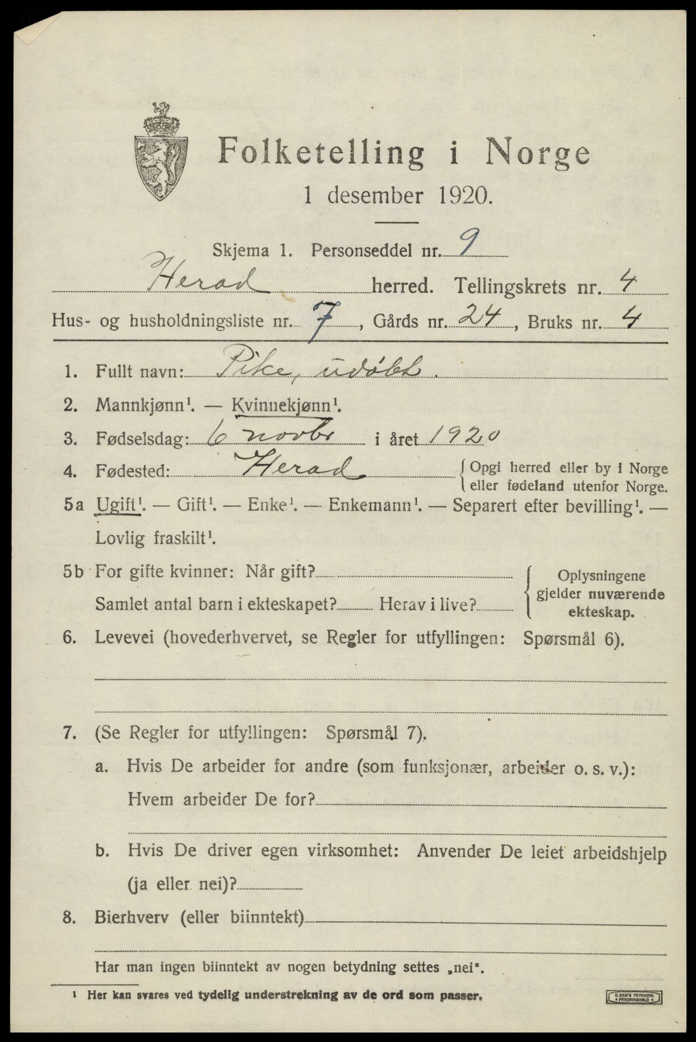 SAK, Folketelling 1920 for 1039 Herad herred, 1920, s. 1804