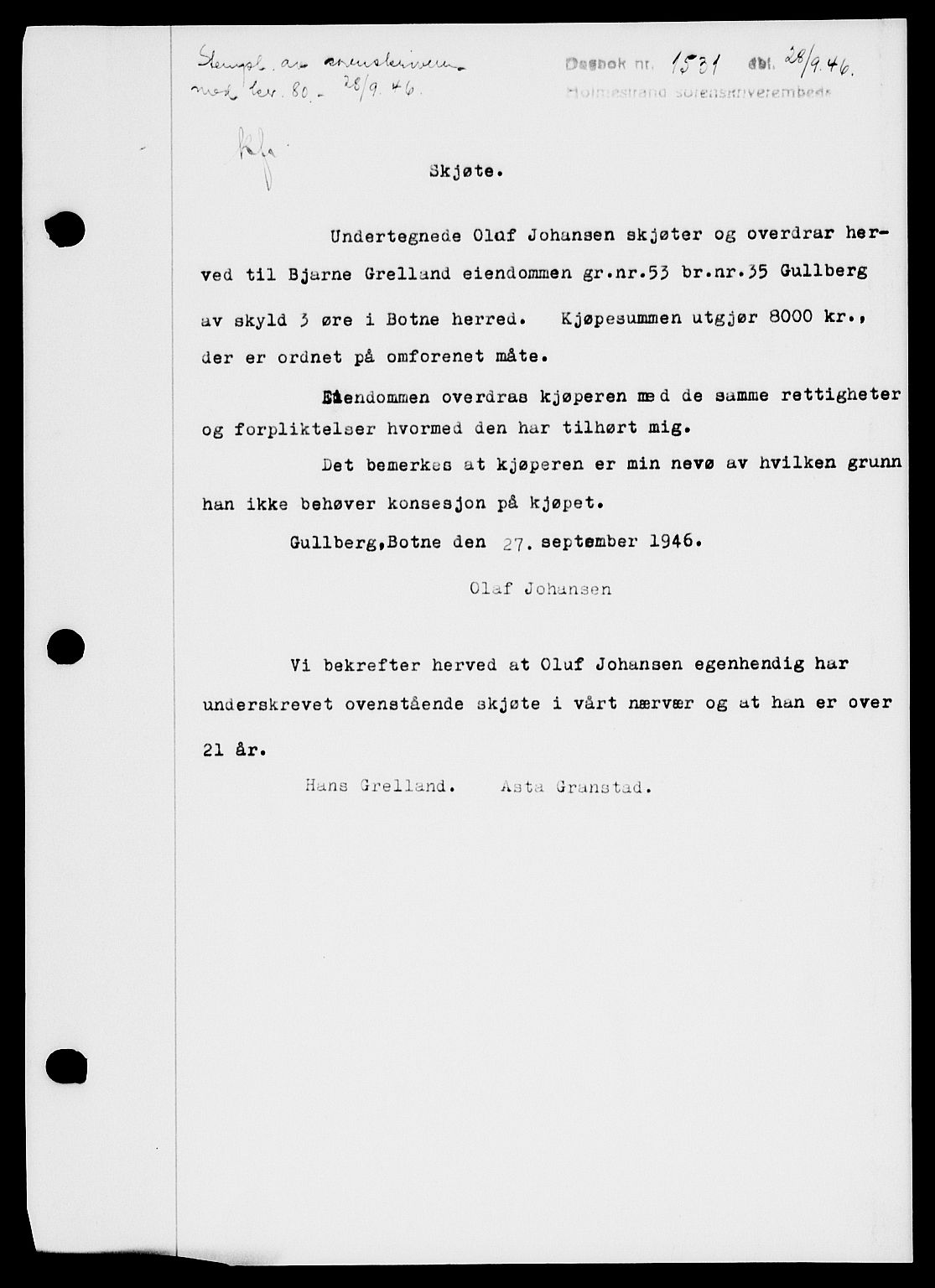Holmestrand sorenskriveri, SAKO/A-67/G/Ga/Gaa/L0060: Pantebok nr. A-60, 1946-1946, Dagboknr: 1531/1946