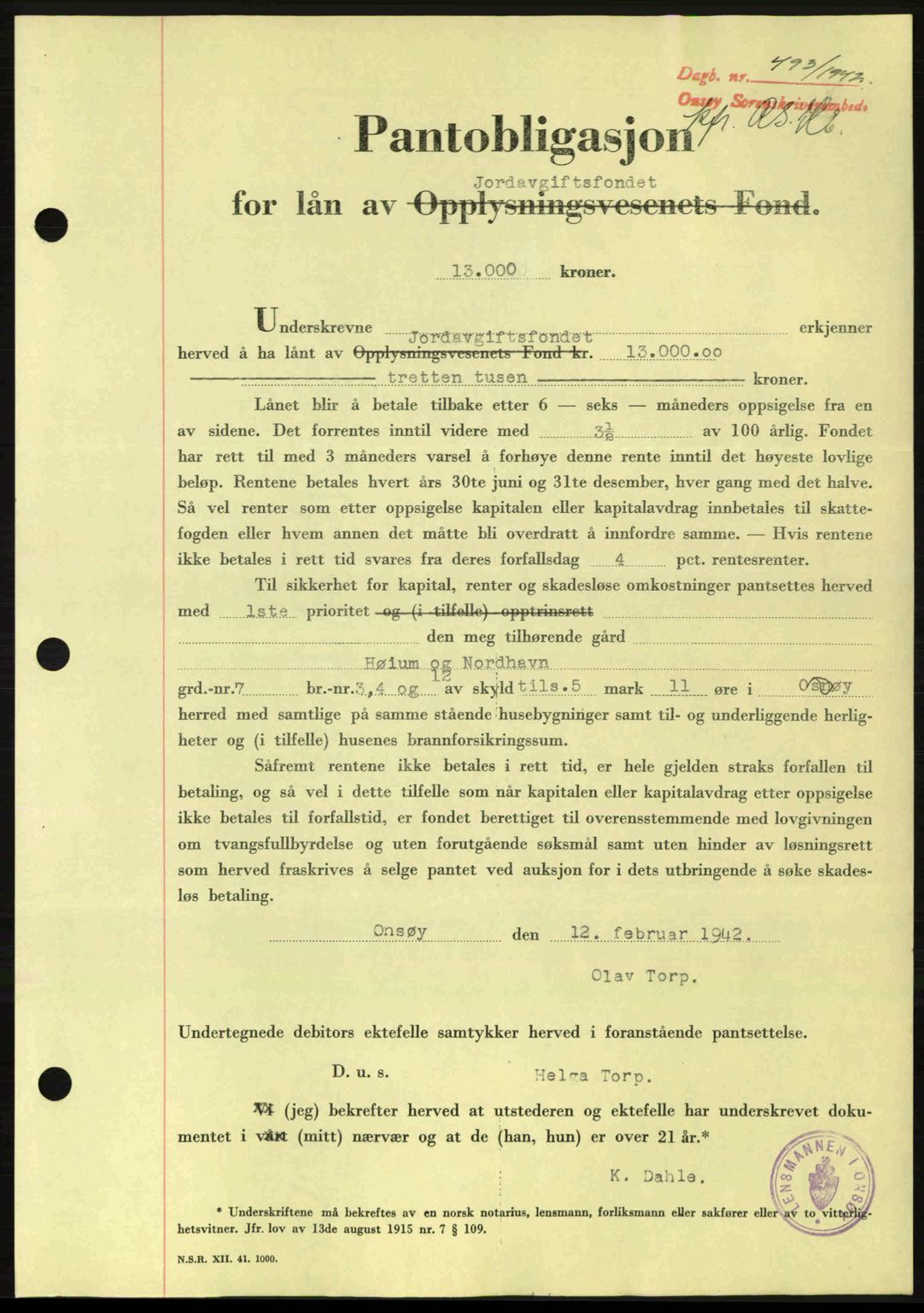 Onsøy sorenskriveri, SAO/A-10474/G/Ga/Gac/L0003: Pantebok nr. B3, 1940-1944, Dagboknr: 493/1942