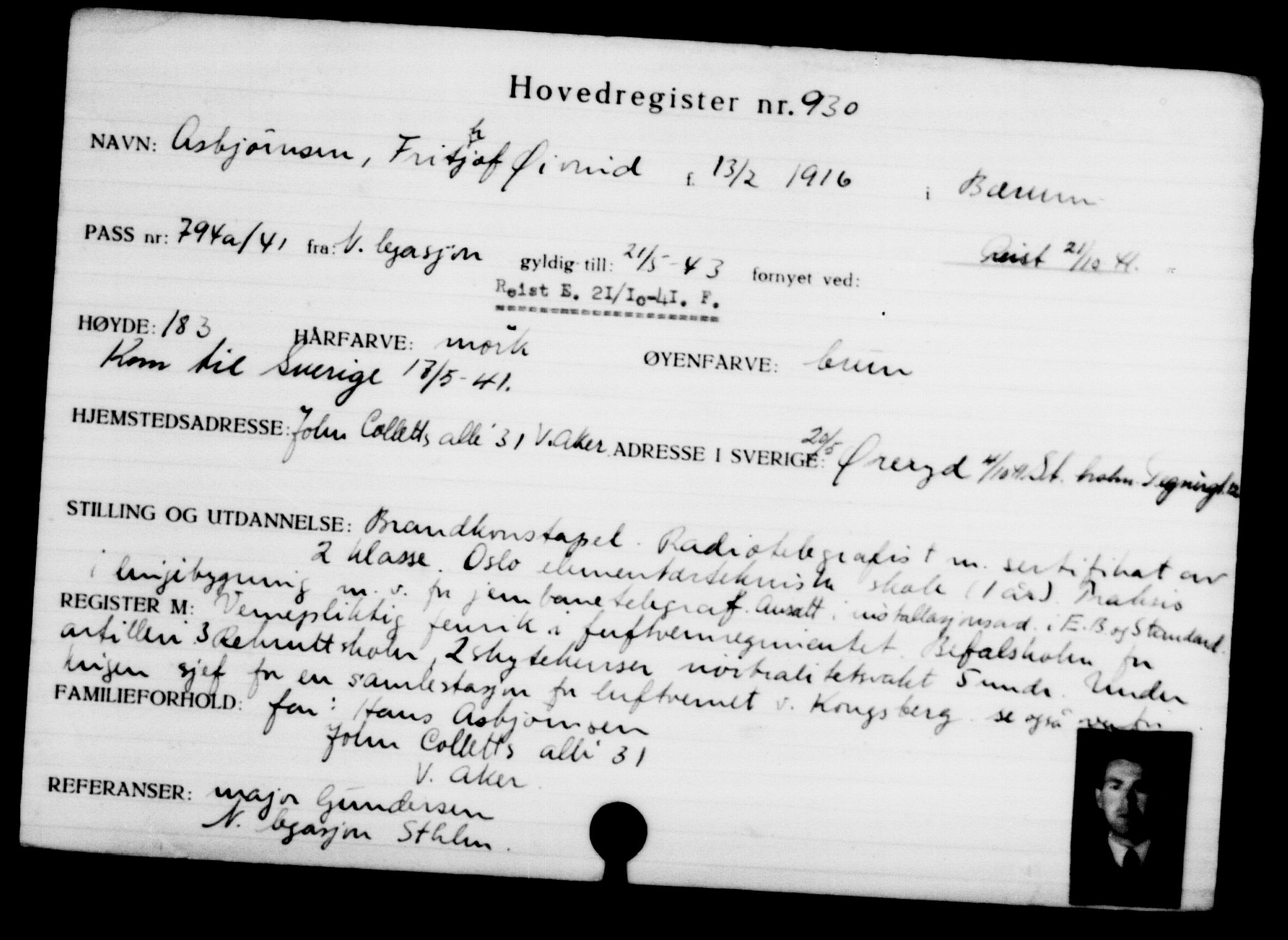 Utenriksstasjonene, Legasjonen i Stockholm, Flyktningkontoret, AV/RA-S-6753/V/Va/L0001: Kjesäterkartoteket, flyktninger med registreringsnr. 1-1000, 1940-1945, s. 1456