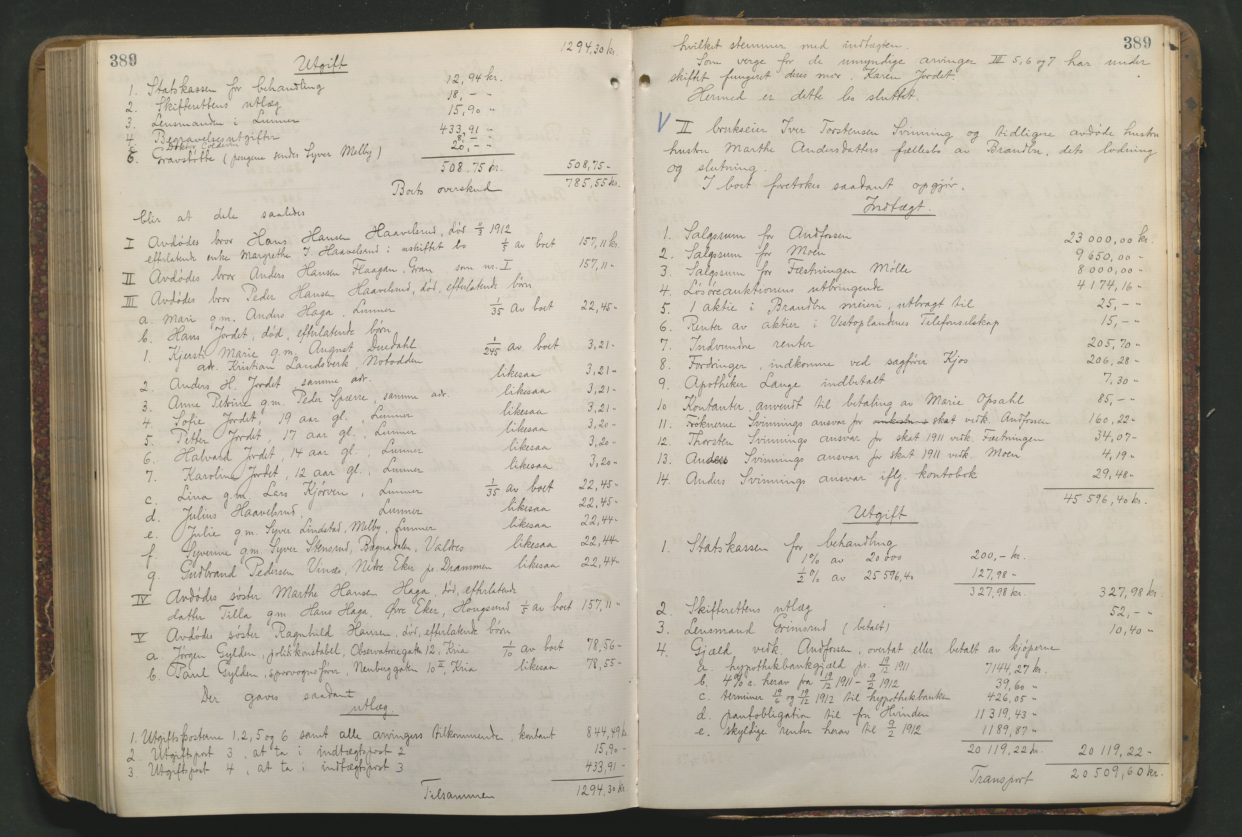 Hadeland og Land tingrett, SAH/TING-010/J/Jd/L0004: Skifteutlodningsprotokoll, 1900-1913, s. 389