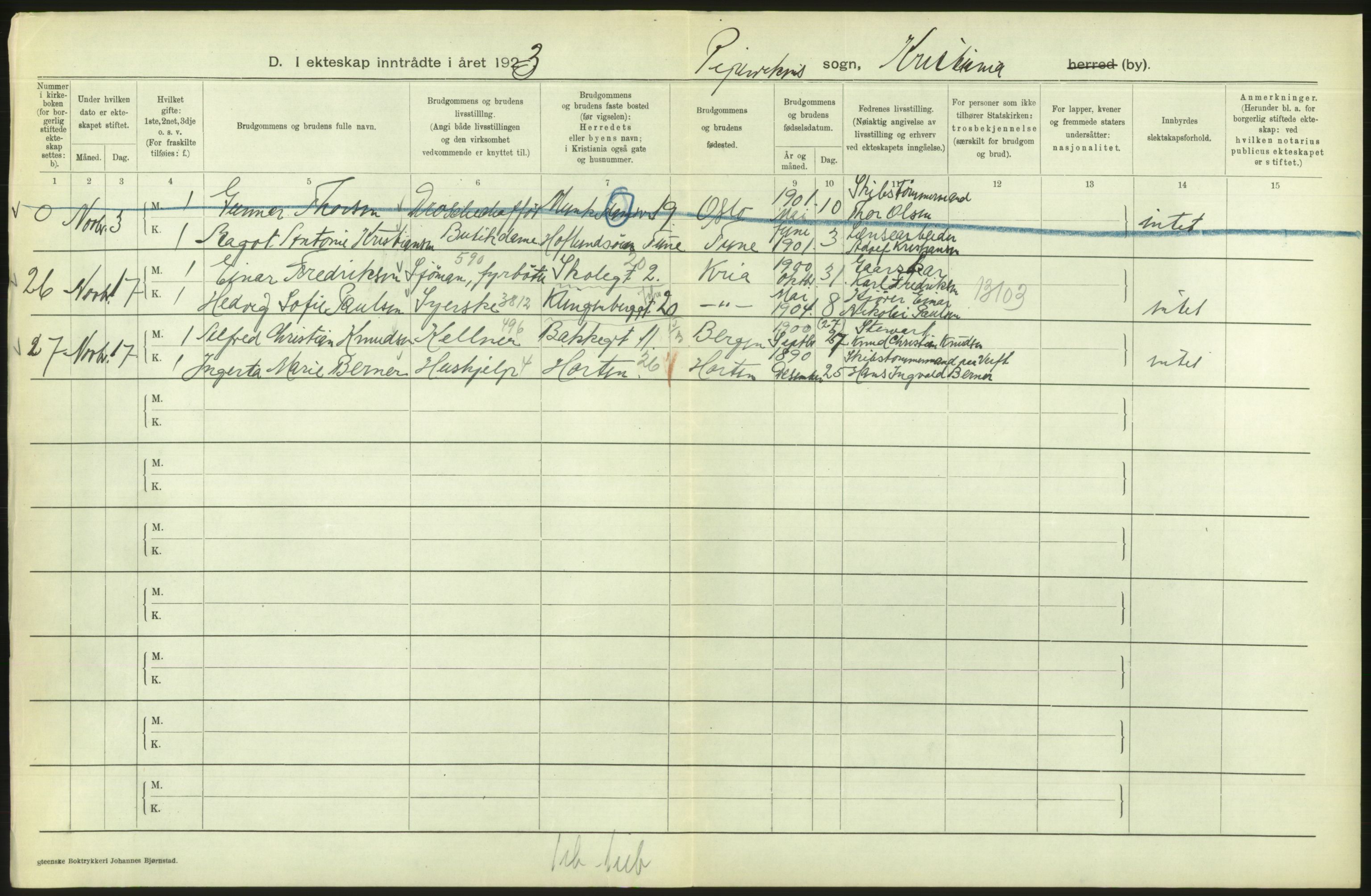 Statistisk sentralbyrå, Sosiodemografiske emner, Befolkning, AV/RA-S-2228/D/Df/Dfc/Dfcc/L0008: Kristiania: Gifte, 1923, s. 488