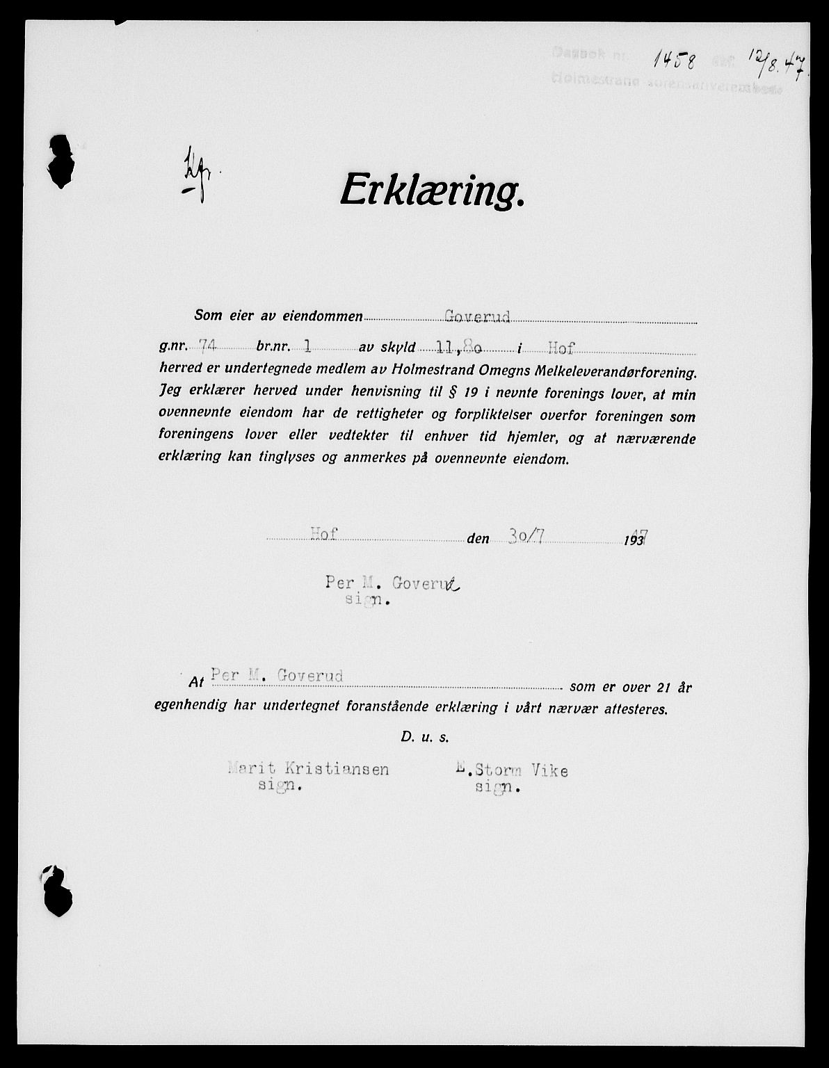 Holmestrand sorenskriveri, SAKO/A-67/G/Ga/Gaa/L0062: Pantebok nr. A-62, 1947-1947, Dagboknr: 1458/1947