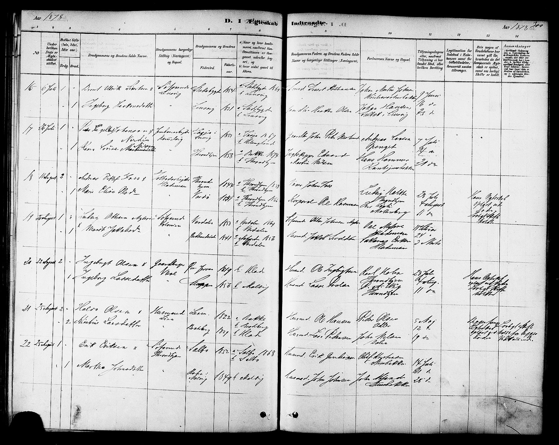 Ministerialprotokoller, klokkerbøker og fødselsregistre - Sør-Trøndelag, SAT/A-1456/606/L0294: Ministerialbok nr. 606A09, 1878-1886, s. 300