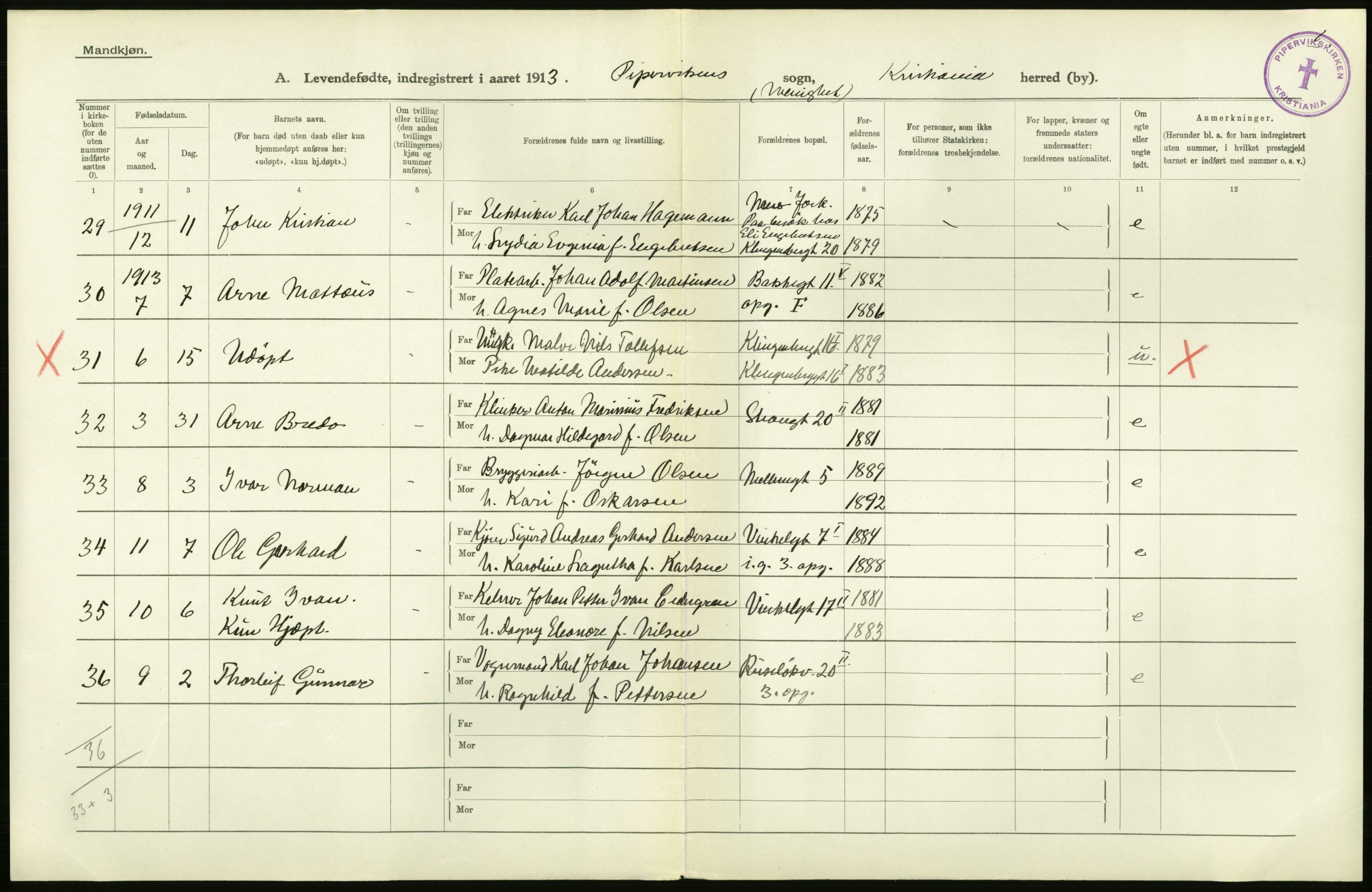 Statistisk sentralbyrå, Sosiodemografiske emner, Befolkning, AV/RA-S-2228/D/Df/Dfb/Dfbc/L0007: Kristiania: Levendefødte menn og kvinner., 1913, s. 306