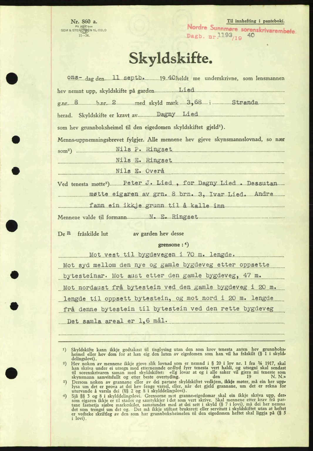 Nordre Sunnmøre sorenskriveri, AV/SAT-A-0006/1/2/2C/2Ca: Pantebok nr. A9, 1940-1940, Dagboknr: 1193/1940