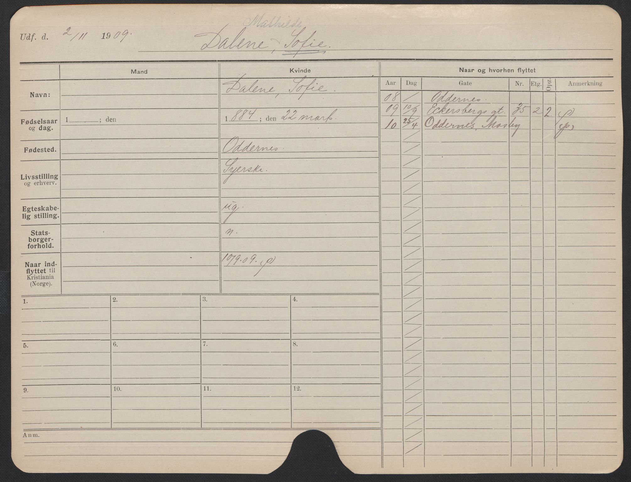 Oslo folkeregister, Registerkort, SAO/A-11715/F/Fa/Fac/L0013: Kvinner, 1906-1914, s. 1169a