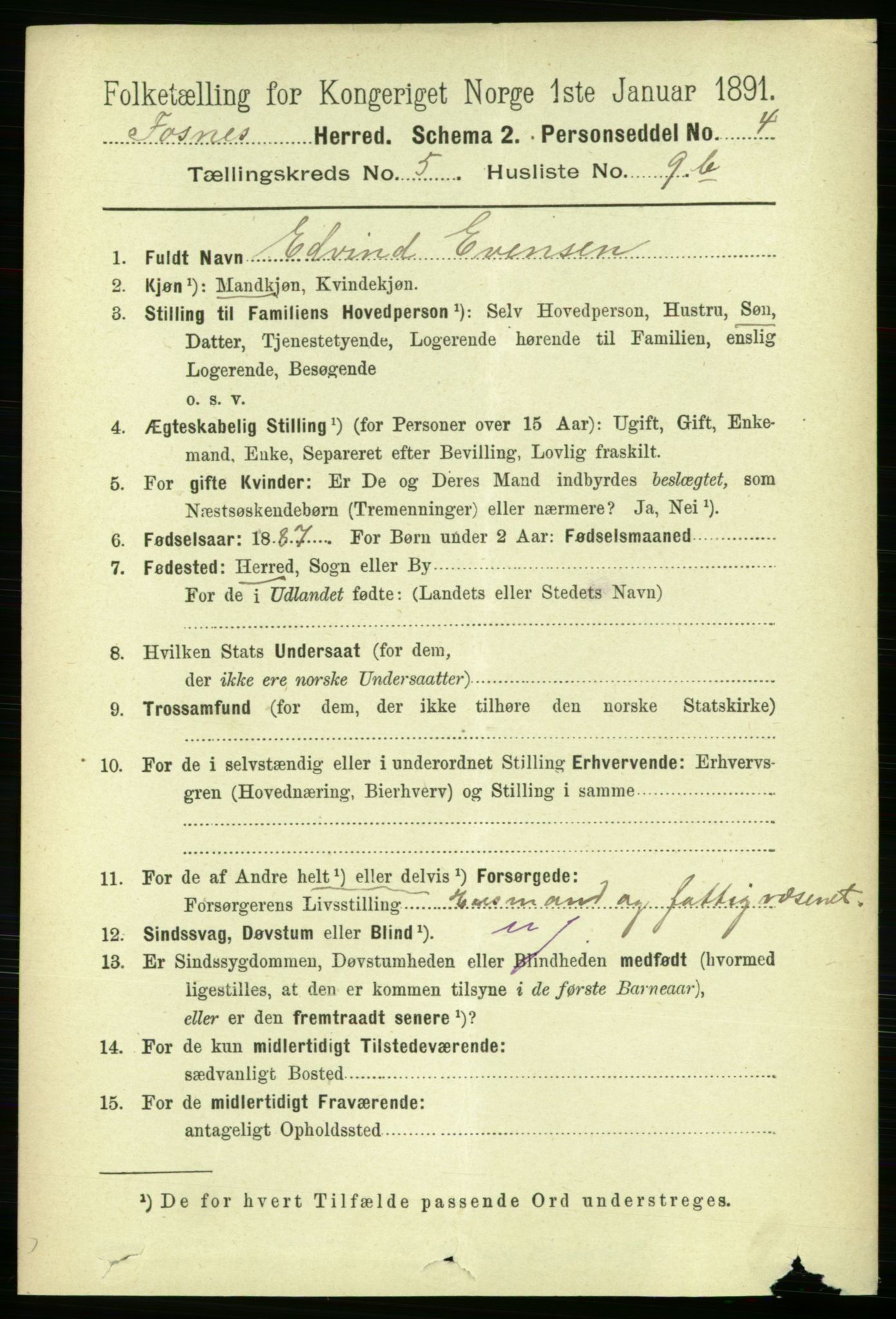 RA, Folketelling 1891 for 1748 Fosnes herred, 1891, s. 2717