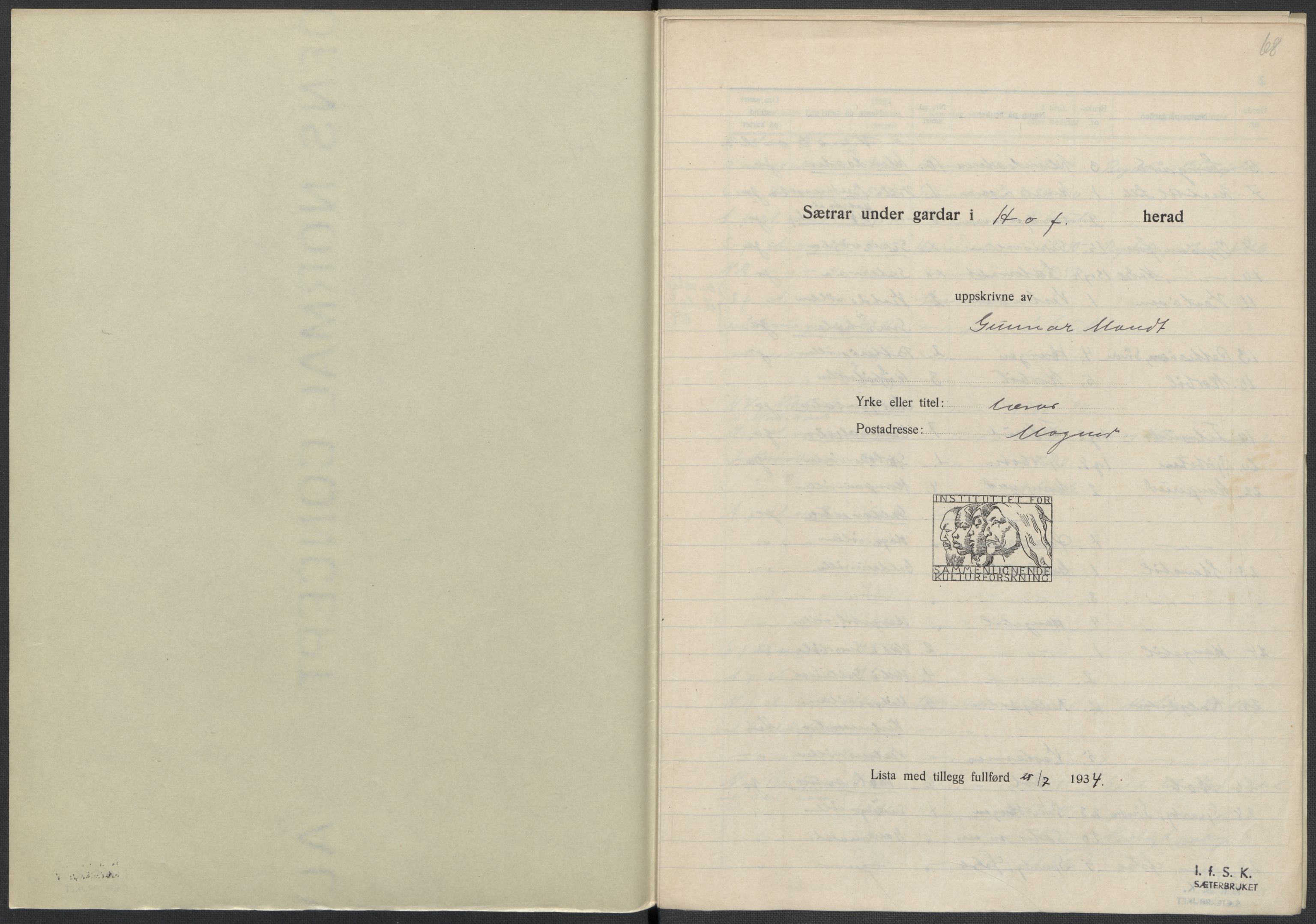 Instituttet for sammenlignende kulturforskning, AV/RA-PA-0424/F/Fc/L0003/0001: Eske B3: / Hedmark (perm IV), 1934-1935, s. 68