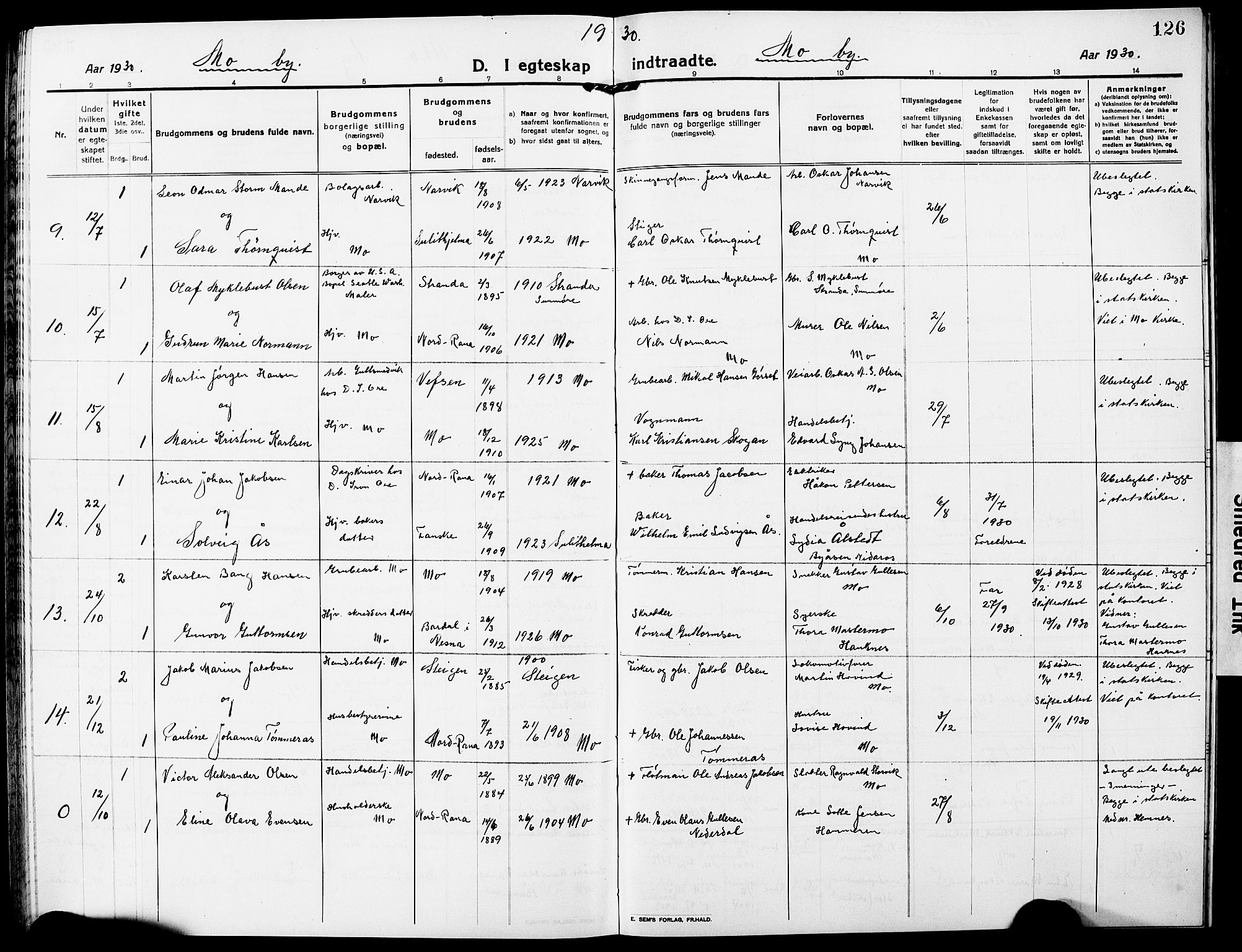 Ministerialprotokoller, klokkerbøker og fødselsregistre - Nordland, AV/SAT-A-1459/827/L0424: Klokkerbok nr. 827C13, 1921-1930, s. 126