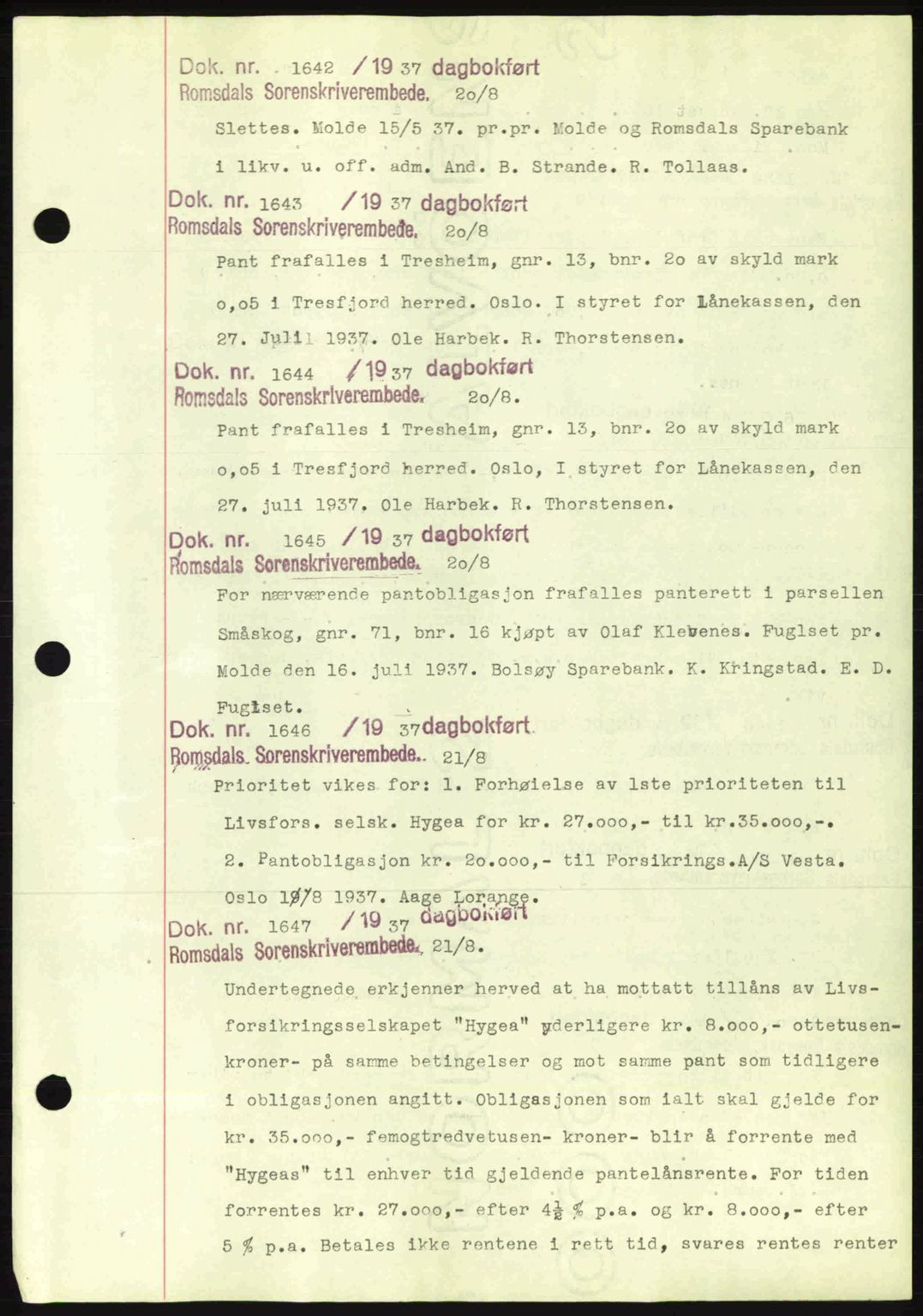 Romsdal sorenskriveri, AV/SAT-A-4149/1/2/2C: Pantebok nr. C1a, 1936-1945, Dagboknr: 1642/1937