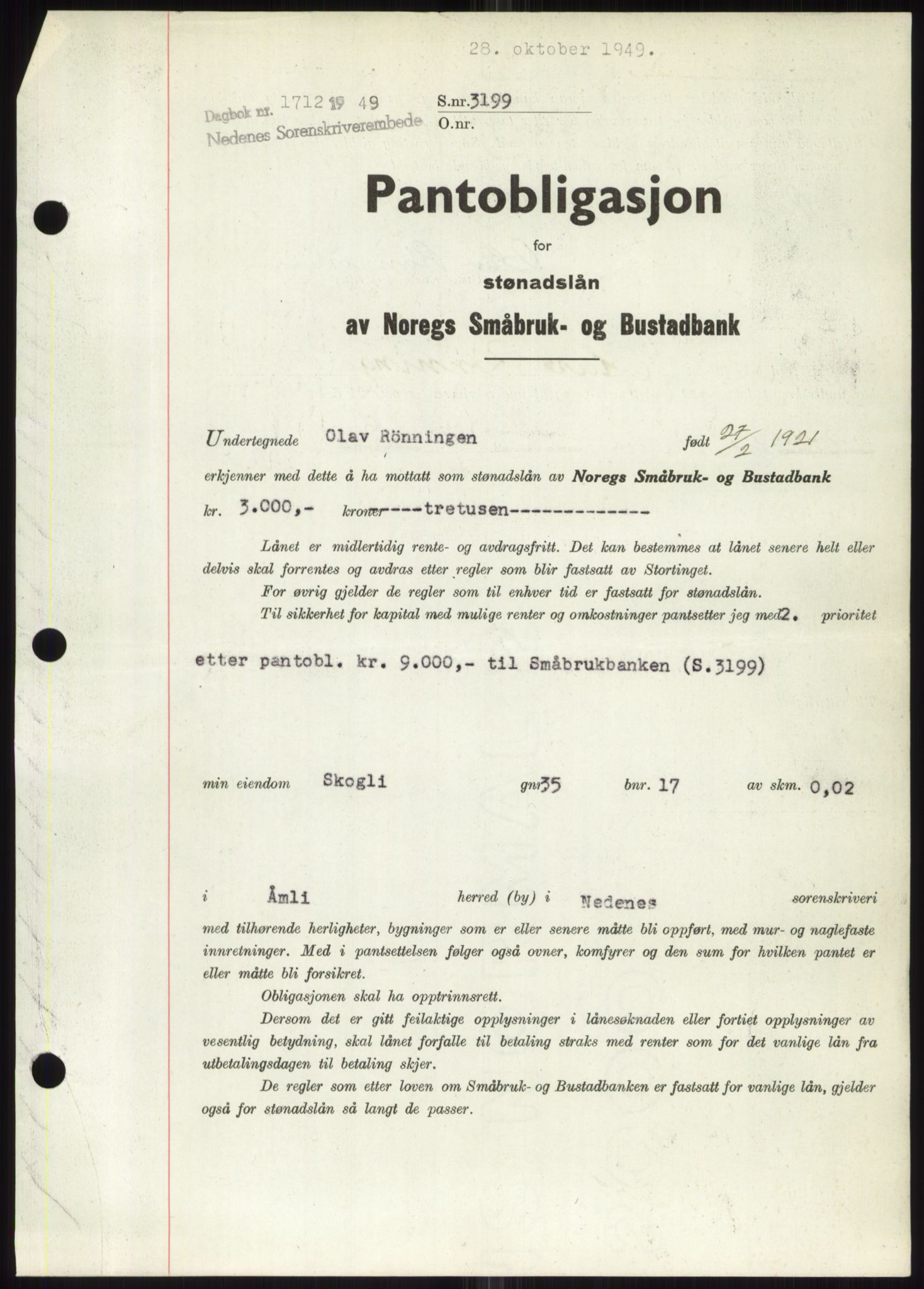 Nedenes sorenskriveri, SAK/1221-0006/G/Gb/Gbb/L0006: Pantebok nr. B6, 1948-1949, Dagboknr: 1712/1949
