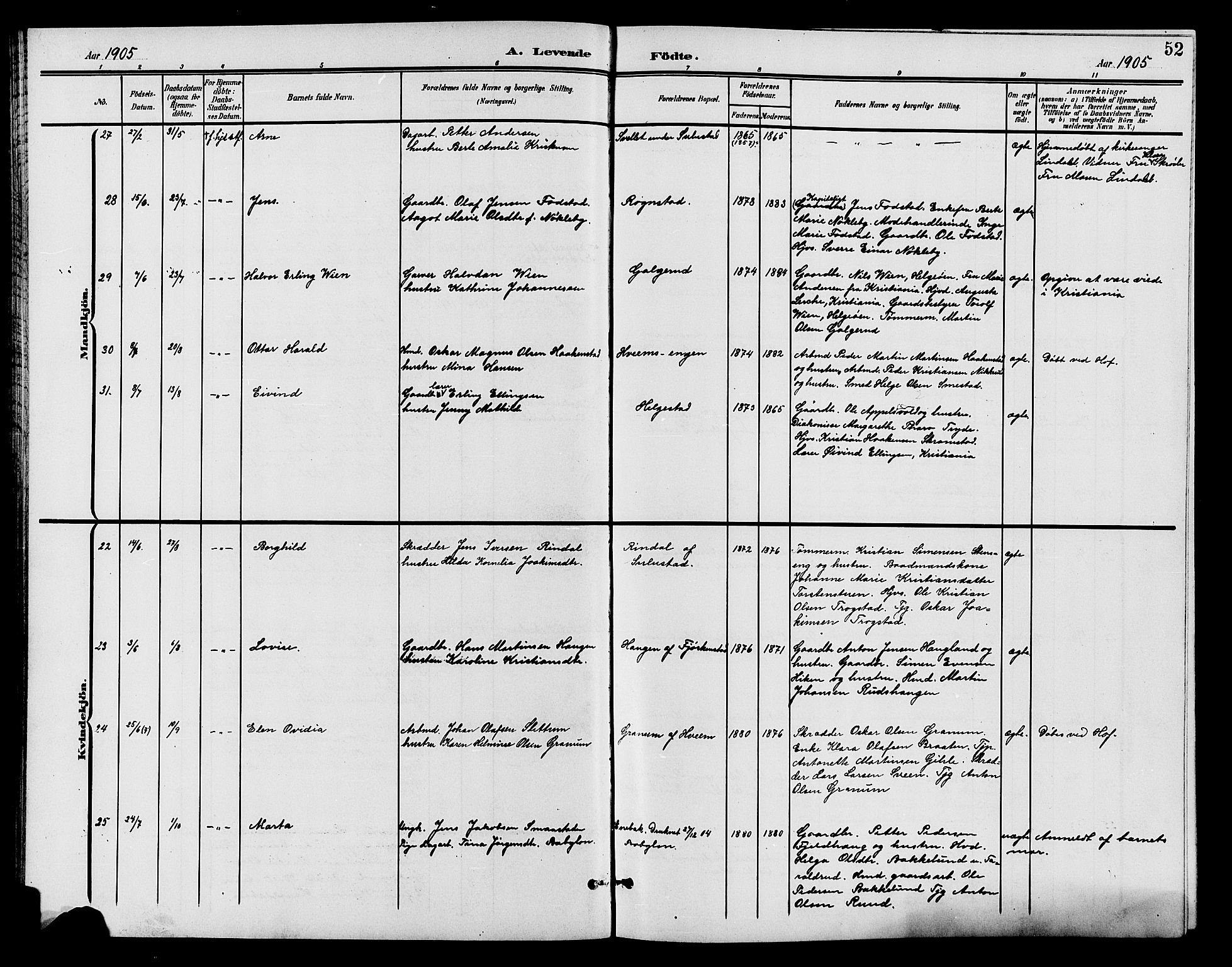 Østre Toten prestekontor, AV/SAH-PREST-104/H/Ha/Hab/L0007: Klokkerbok nr. 7, 1901-1912, s. 52