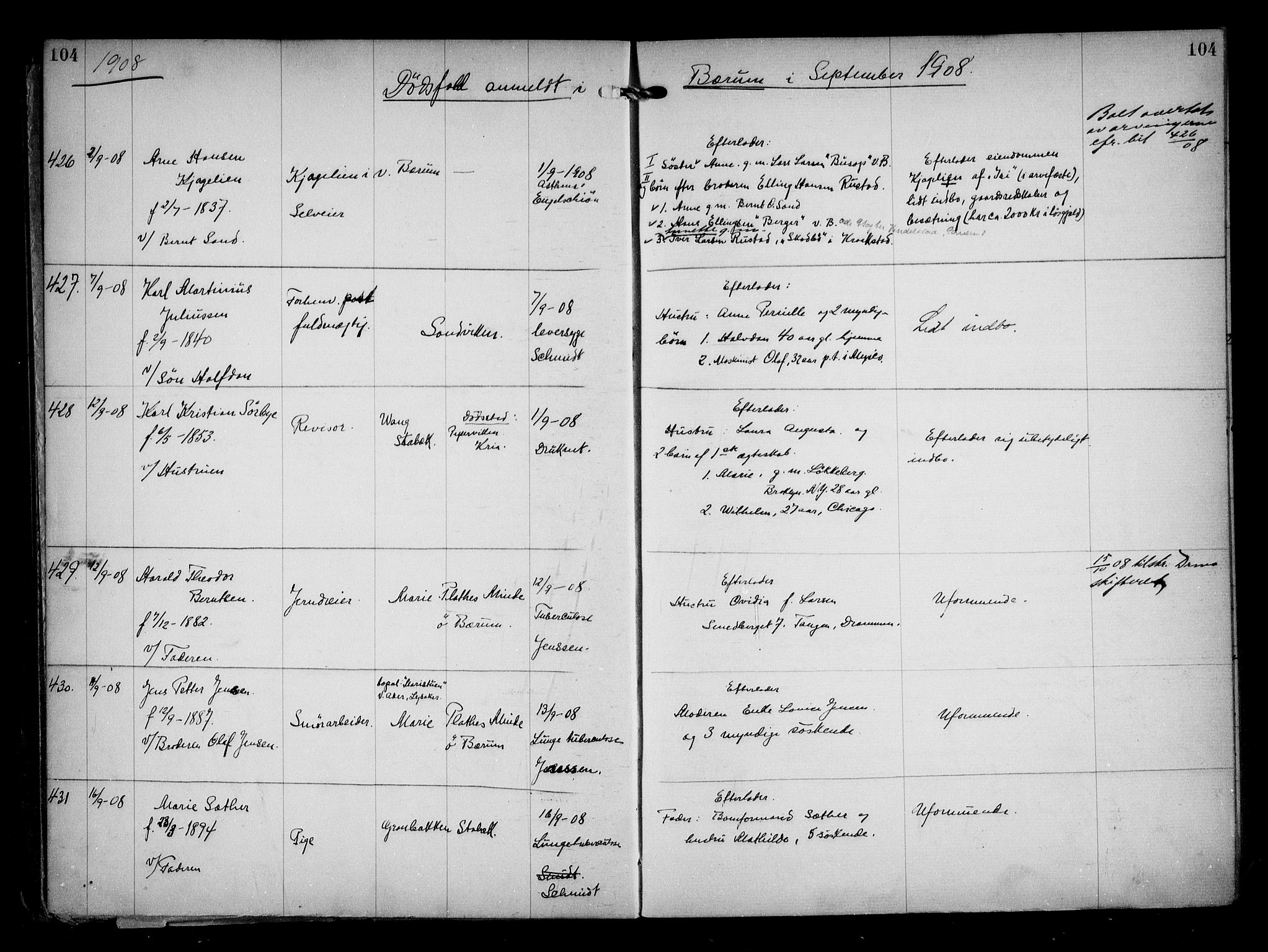 Aker kriminaldommer, skifte- og auksjonsforvalterembete, AV/SAO-A-10452/H/Hb/Hba/Hbaa/L0002: Dødsfallsprotokoll, 1907-1912, s. 104