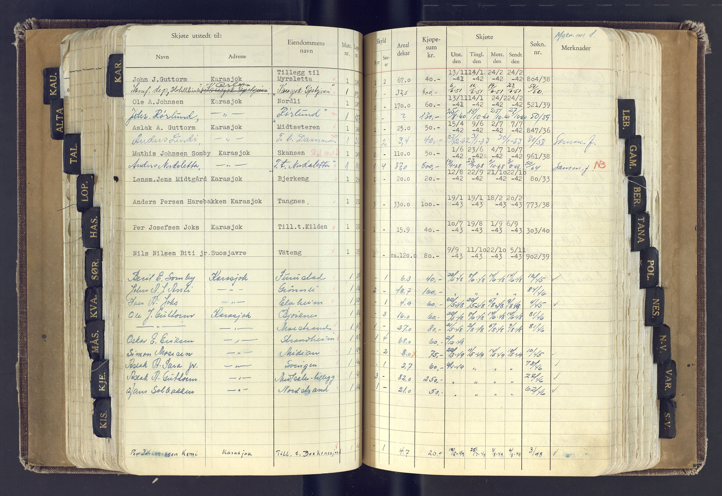 Finnmark jordsalgskommisjon/jordsalgskontor og Statskog SF Finnmark jordsalgskontor, AV/SATØ-S-1443/J/Jc/L0001: Skjøtebok, 1932-1983