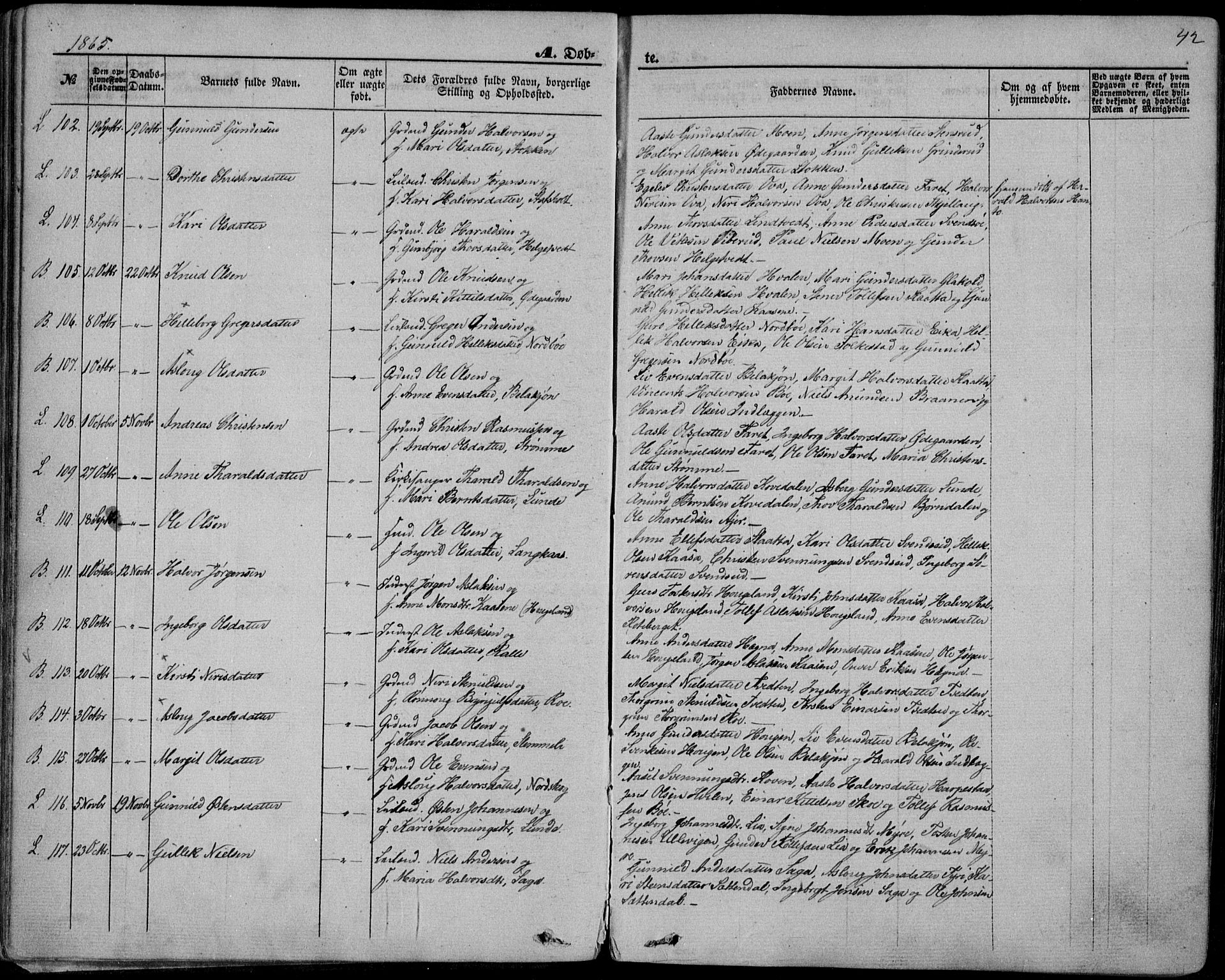 Bø kirkebøker, AV/SAKO-A-257/F/Fa/L0009: Ministerialbok nr. 9, 1862-1879, s. 42