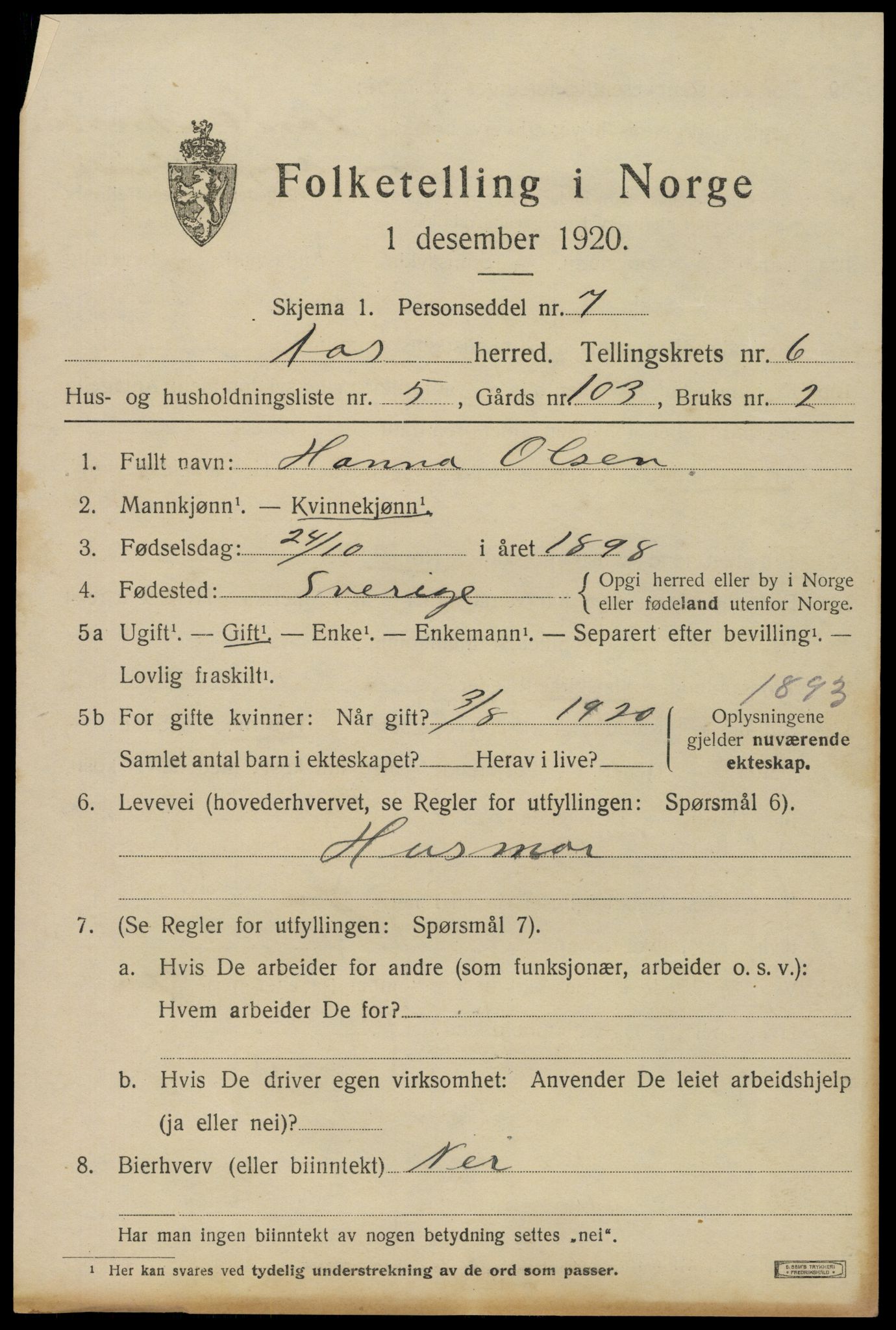 SAO, Folketelling 1920 for 0214 Ås herred, 1920, s. 6910