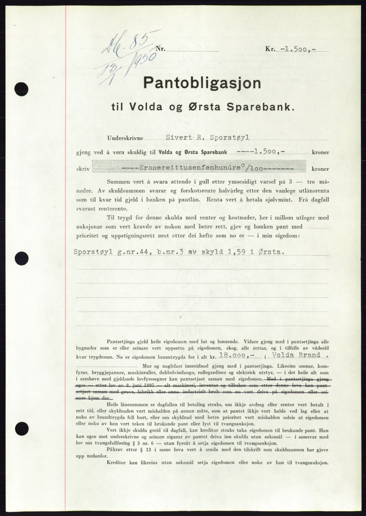 Søre Sunnmøre sorenskriveri, SAT/A-4122/1/2/2C/L0118: Pantebok nr. 6B, 1949-1950, Dagboknr: 85/1950