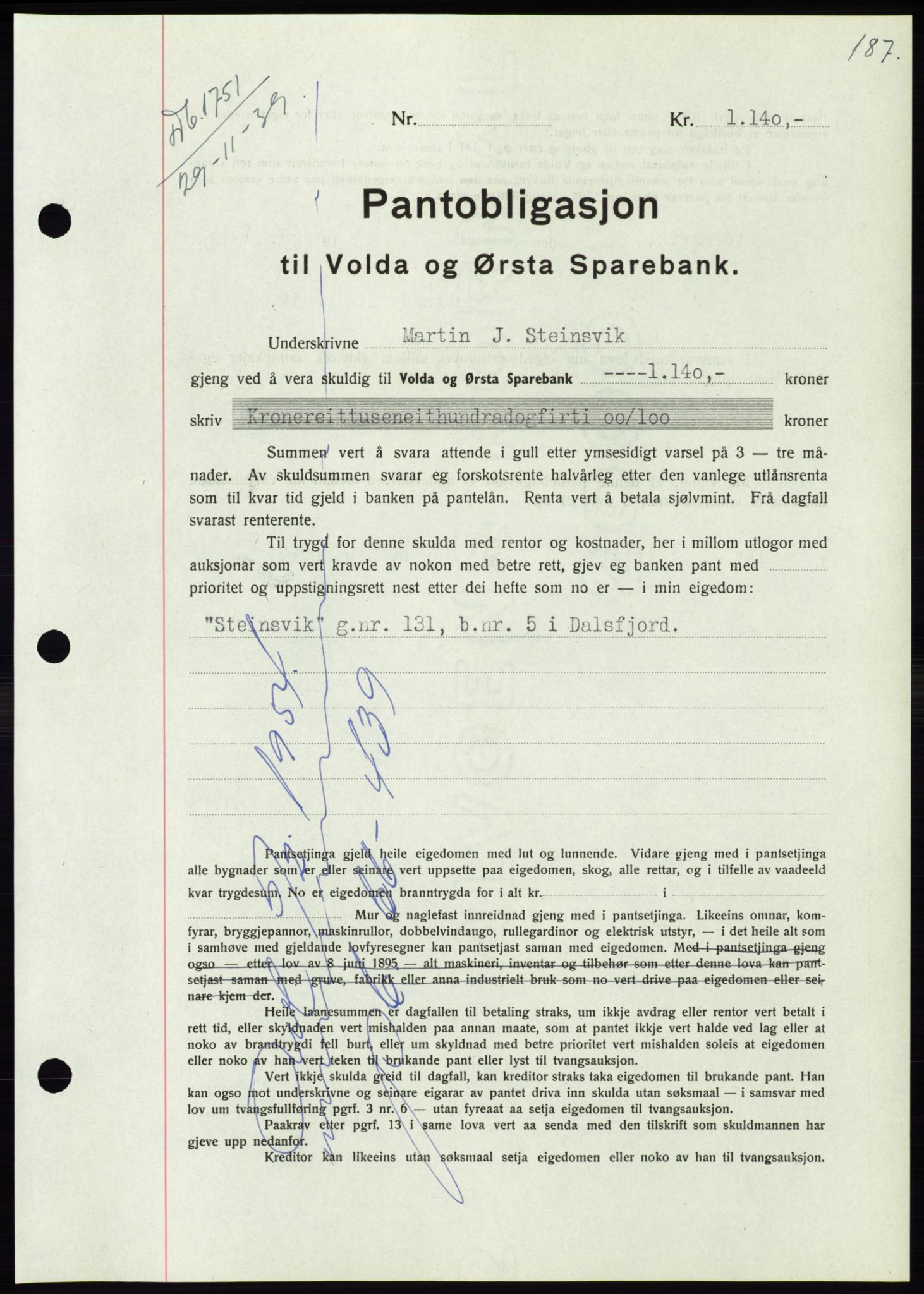 Søre Sunnmøre sorenskriveri, SAT/A-4122/1/2/2C/L0069: Pantebok nr. 63, 1939-1940, Dagboknr: 1751/1939