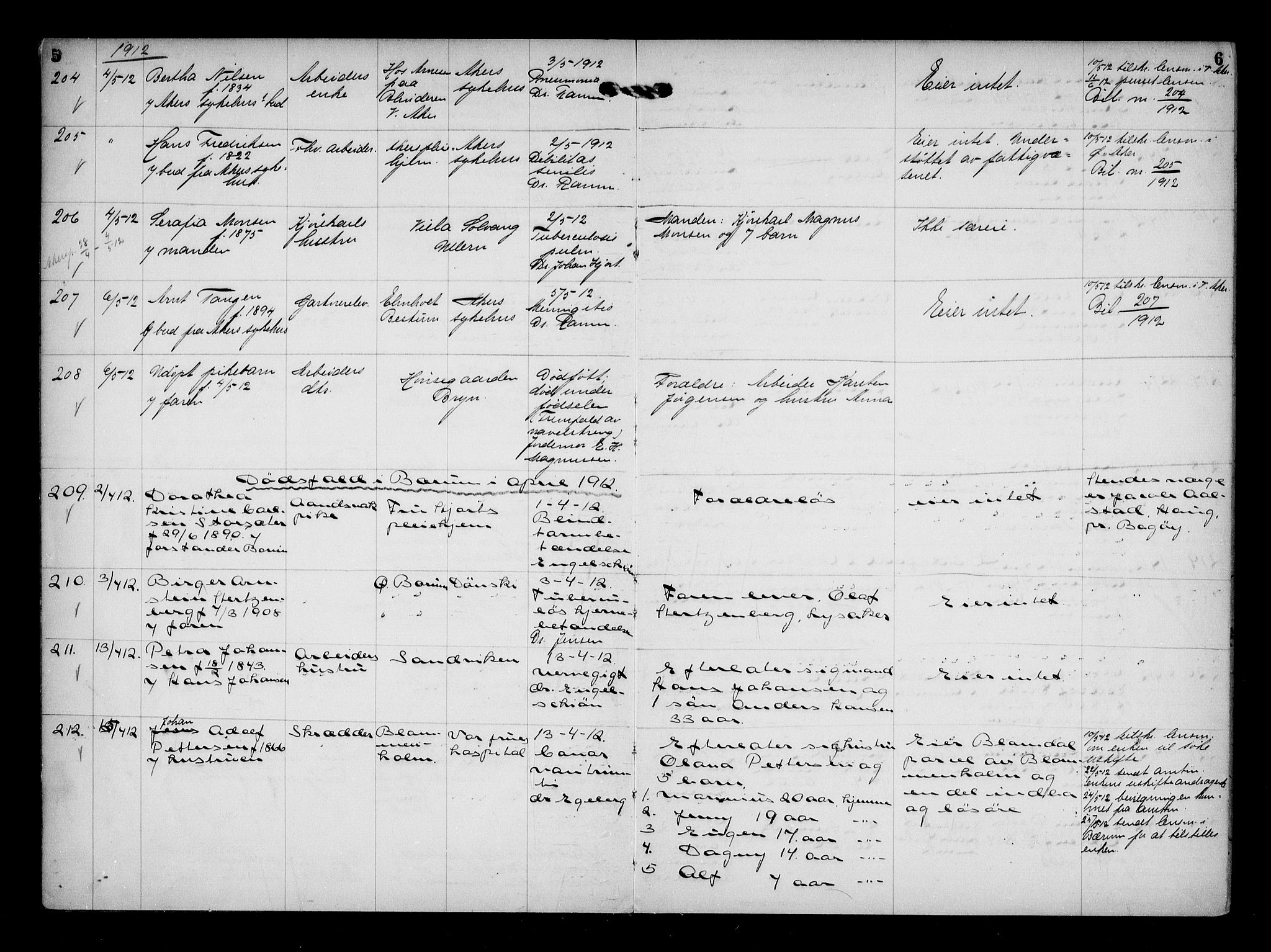 Aker kriminaldommer, skifte- og auksjonsforvalterembete, AV/SAO-A-10452/H/Hb/Hba/Hbaa/L0003: Dødsfallsprotokoll, 1912-1914, s. 5-6