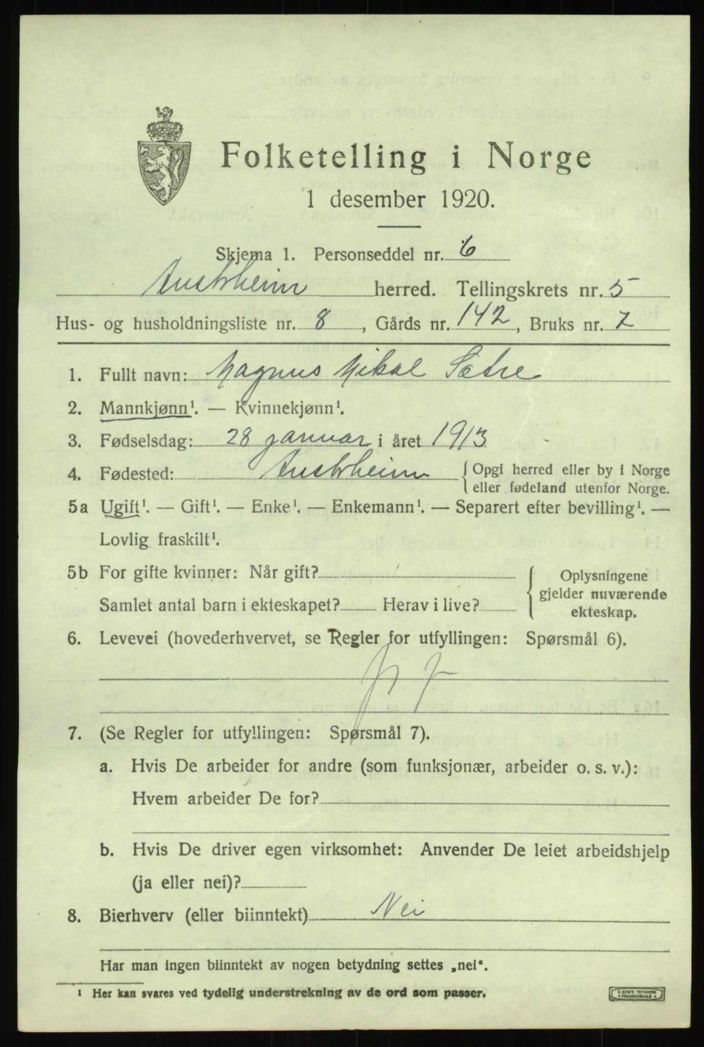 SAB, Folketelling 1920 for 1264 Austrheim herred, 1920, s. 2154