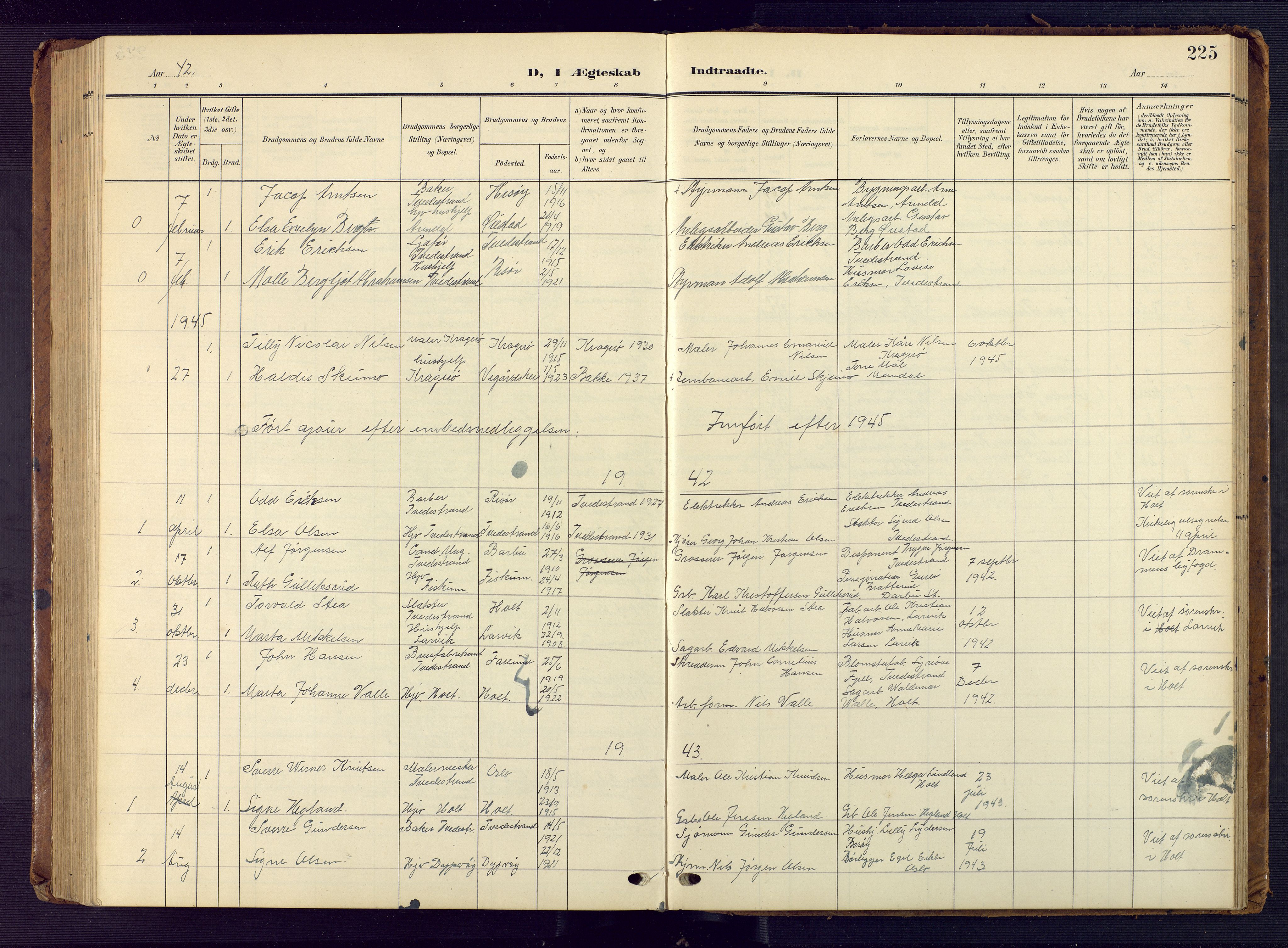 Tvedestrand sokneprestkontor, AV/SAK-1111-0042/F/Fb/L0001: Klokkerbok nr. B 1, 1902-1956, s. 225