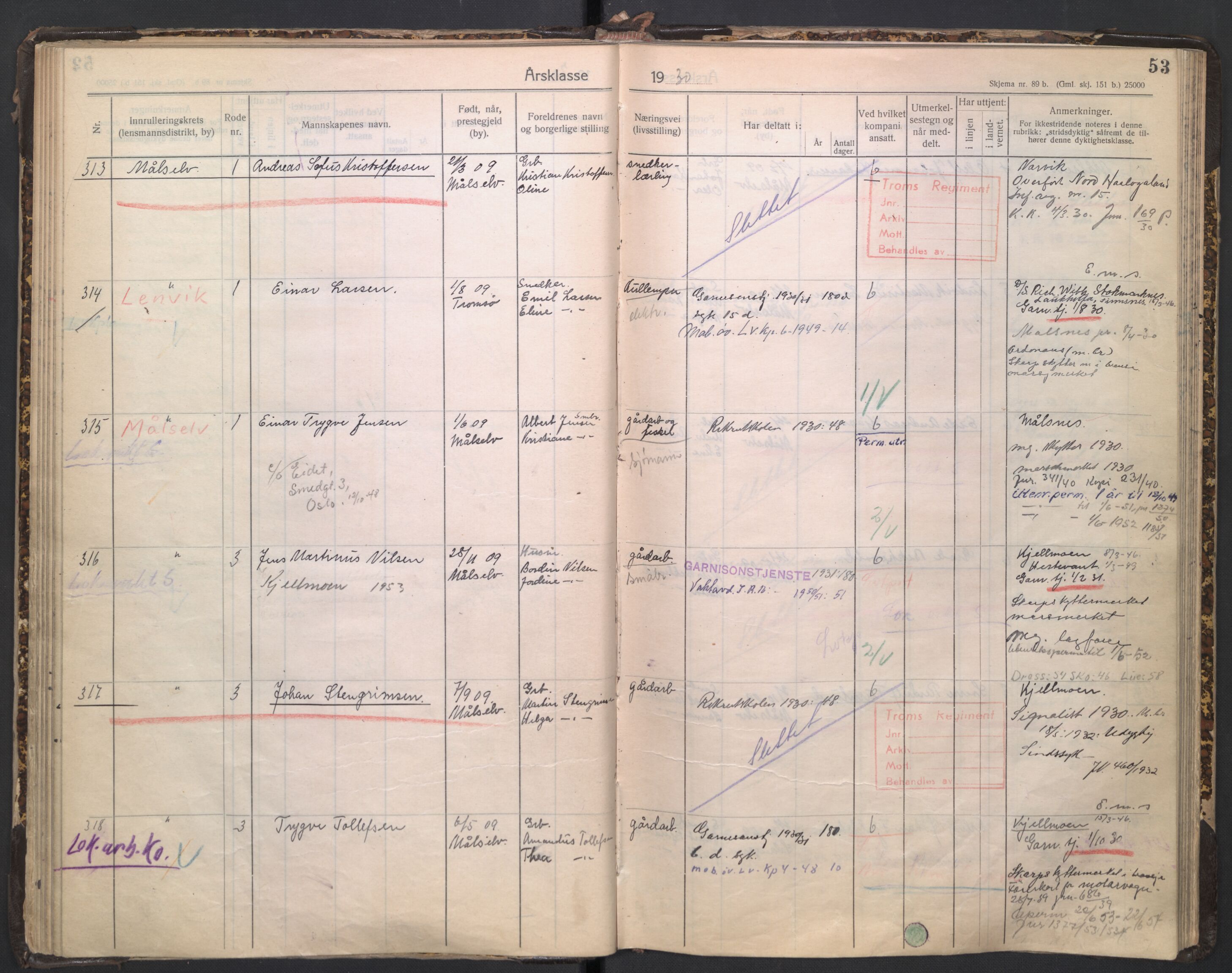 Forsvaret, Troms infanteriregiment nr. 16, AV/RA-RAFA-3146/P/Pa/L0005/0003: Ruller / Rulle for regimentets stridende menige mannskaper, årsklasse 1930, 1930, s. 53