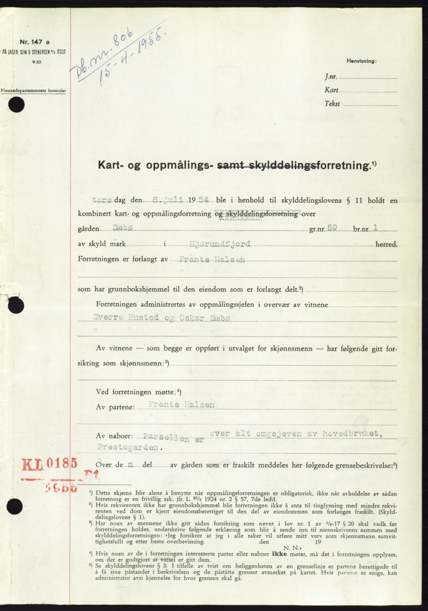Søre Sunnmøre sorenskriveri, SAT/A-4122/1/2/2C/L0100: Pantebok nr. 26A, 1954-1955, Dagboknr: 806/1955