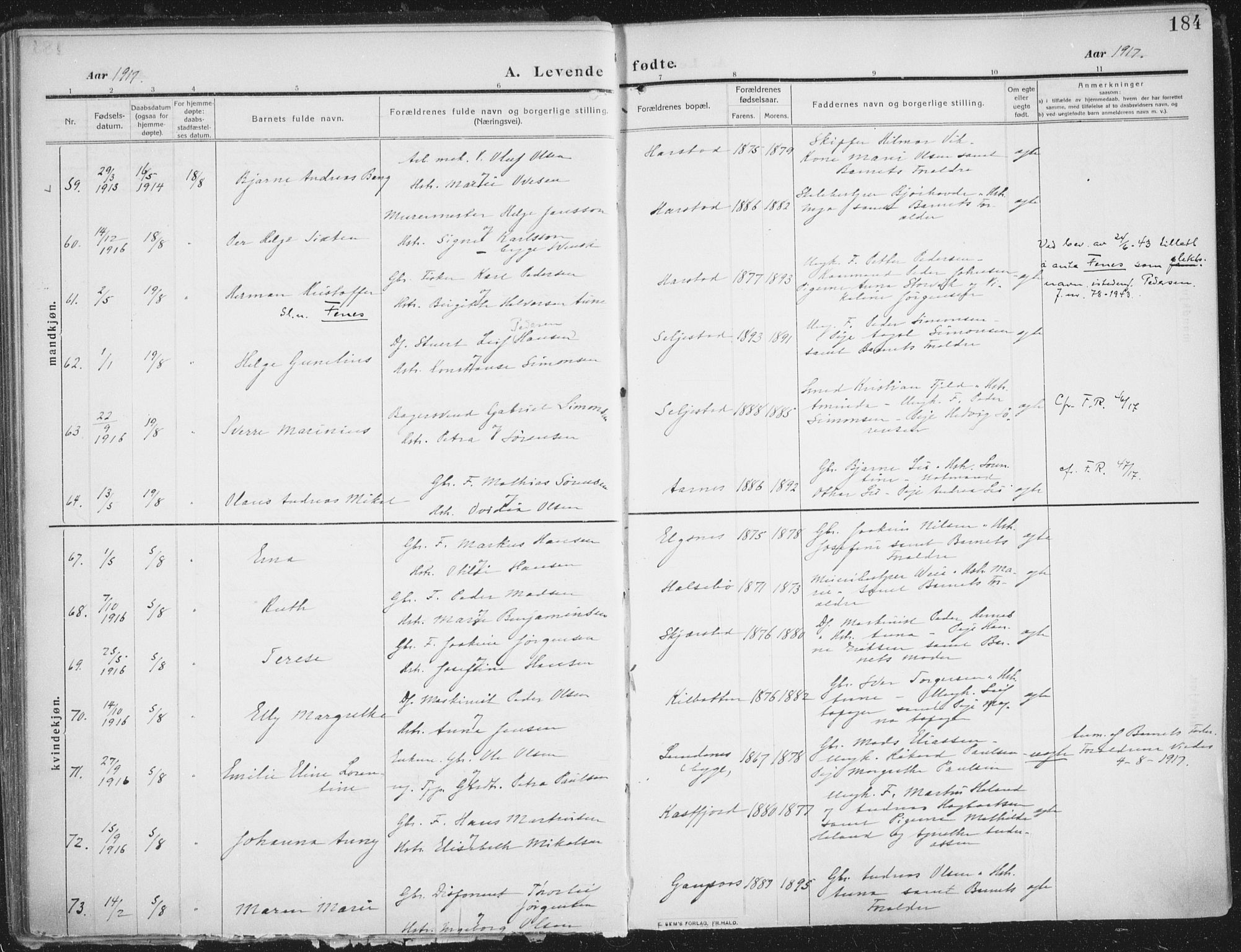 Trondenes sokneprestkontor, AV/SATØ-S-1319/H/Ha/L0018kirke: Ministerialbok nr. 18, 1909-1918, s. 184
