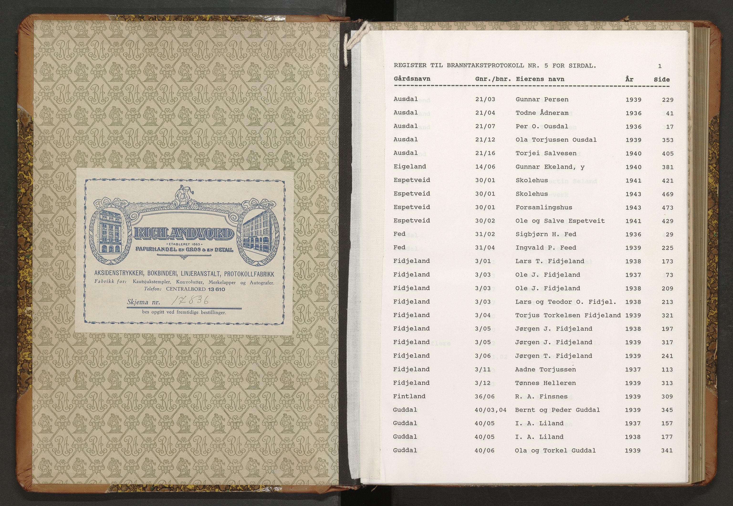 Norges Brannkasse Sirdal, SAK/2241-0044/F/Fa/L0006: Branntakstprotokoll nr. 5 med gårdsnavnregister, 1935-1944