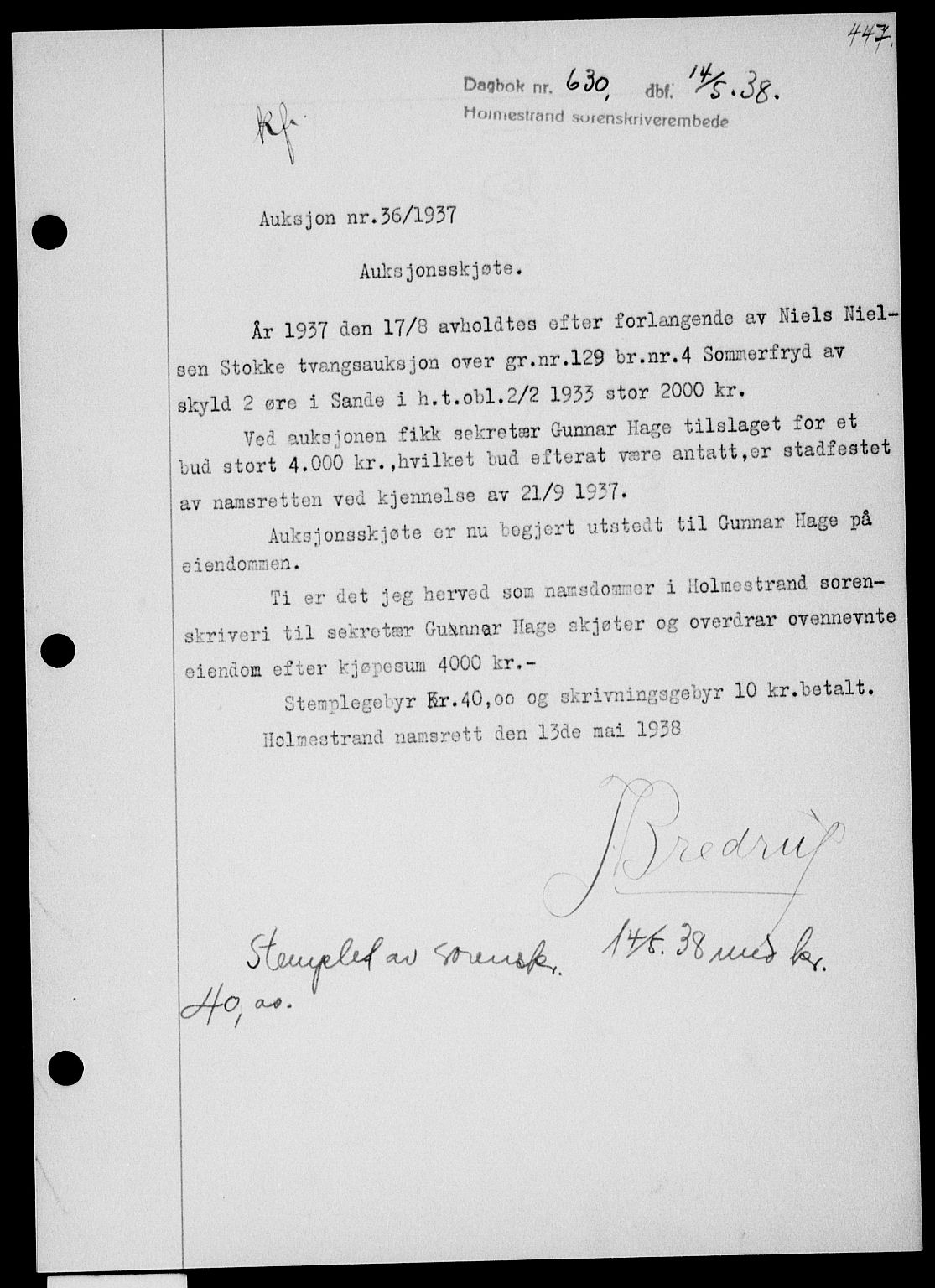 Holmestrand sorenskriveri, SAKO/A-67/G/Ga/Gaa/L0049: Pantebok nr. A-49, 1937-1938, Dagboknr: 630/1938