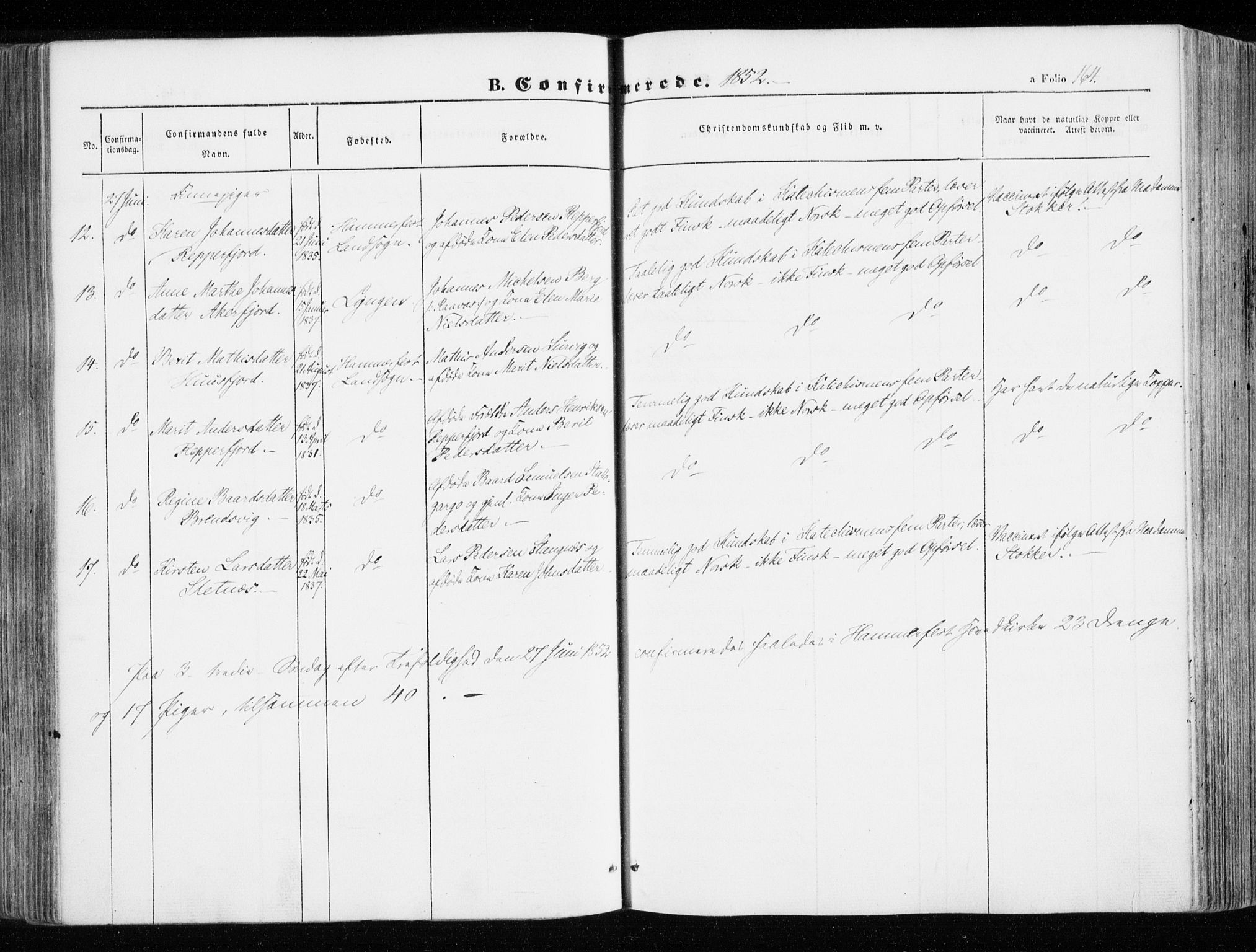 Hammerfest sokneprestkontor, SATØ/S-1347/H/Ha/L0004.kirke: Ministerialbok nr. 4, 1843-1856, s. 164