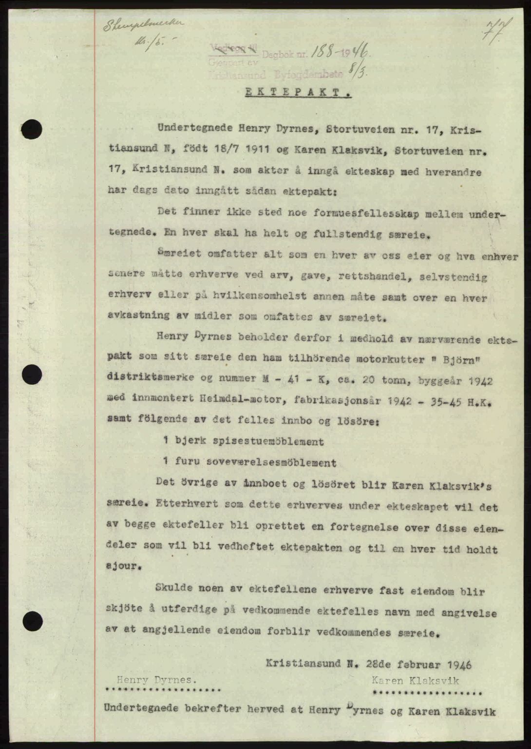 Kristiansund byfogd, AV/SAT-A-4587/A/27: Pantebok nr. 40, 1946-1946, Dagboknr: 188/1946