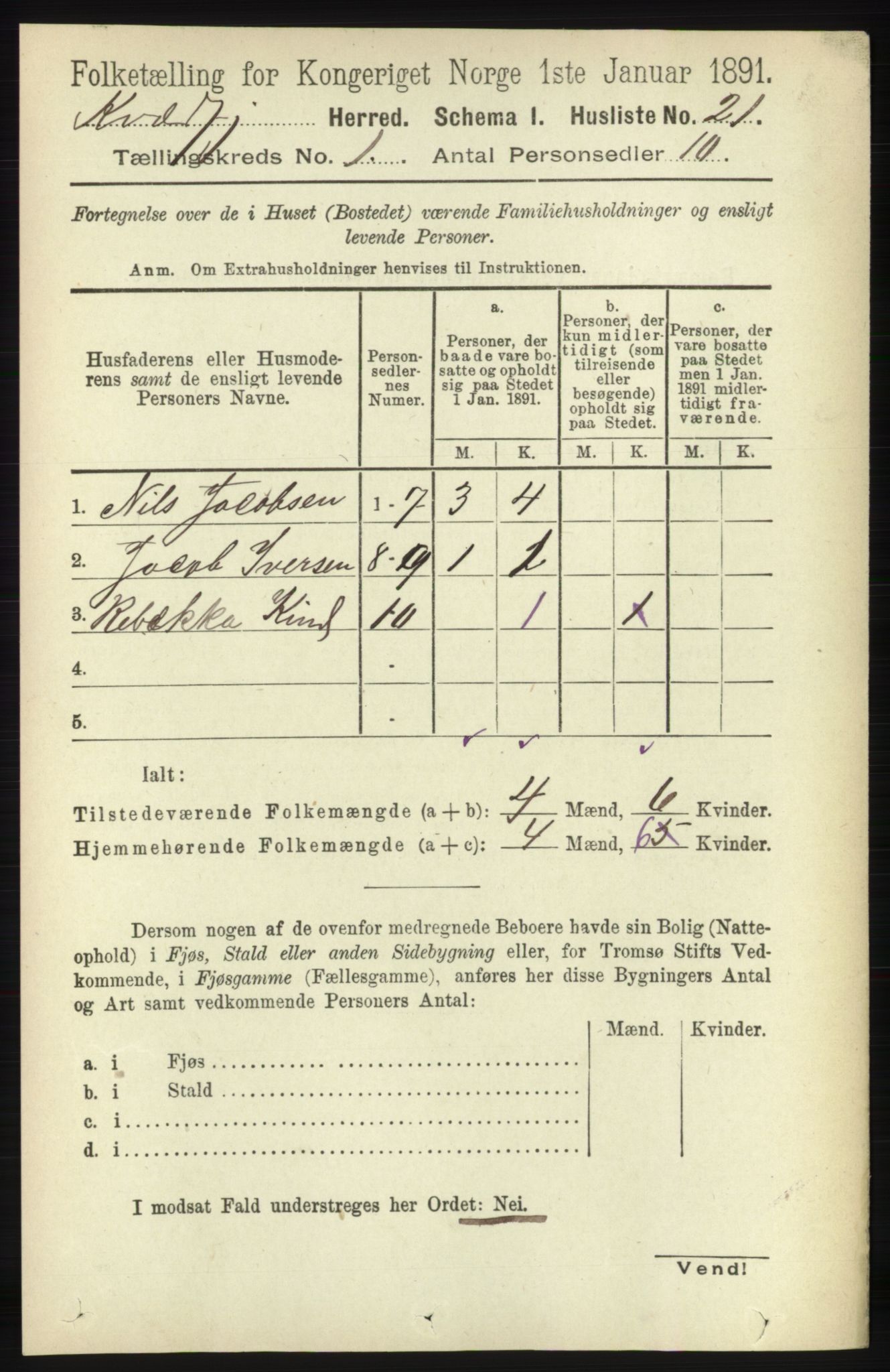 RA, Folketelling 1891 for 1911 Kvæfjord herred, 1891, s. 41