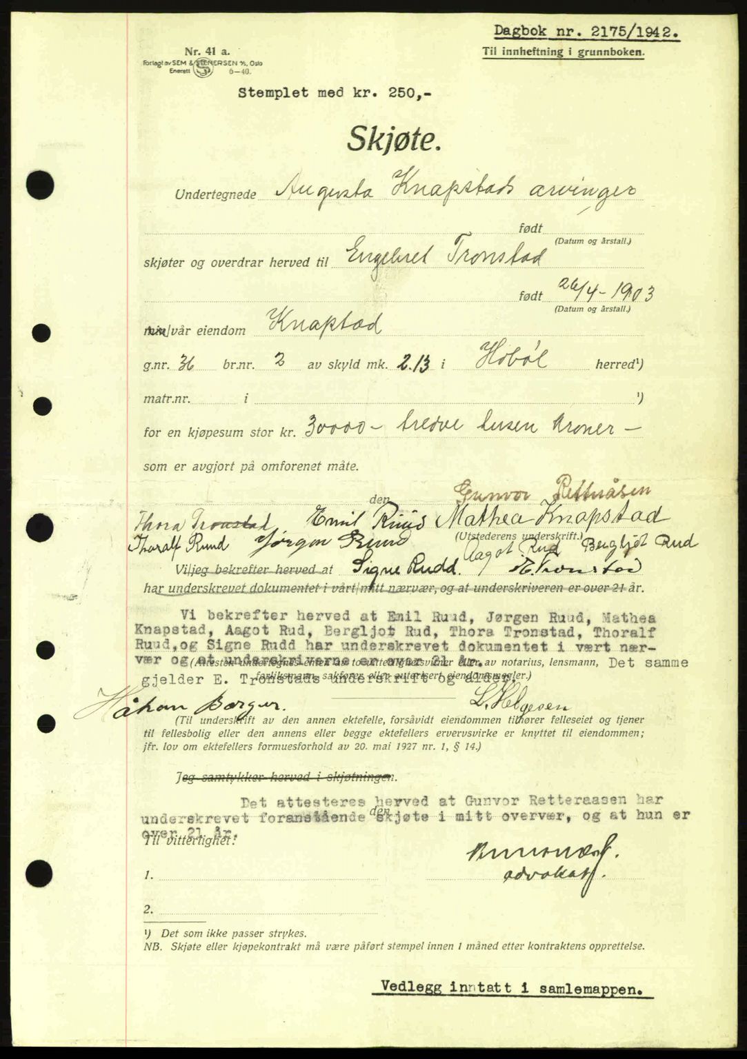 Moss sorenskriveri, SAO/A-10168: Pantebok nr. A10, 1942-1943, Dagboknr: 2175/1942
