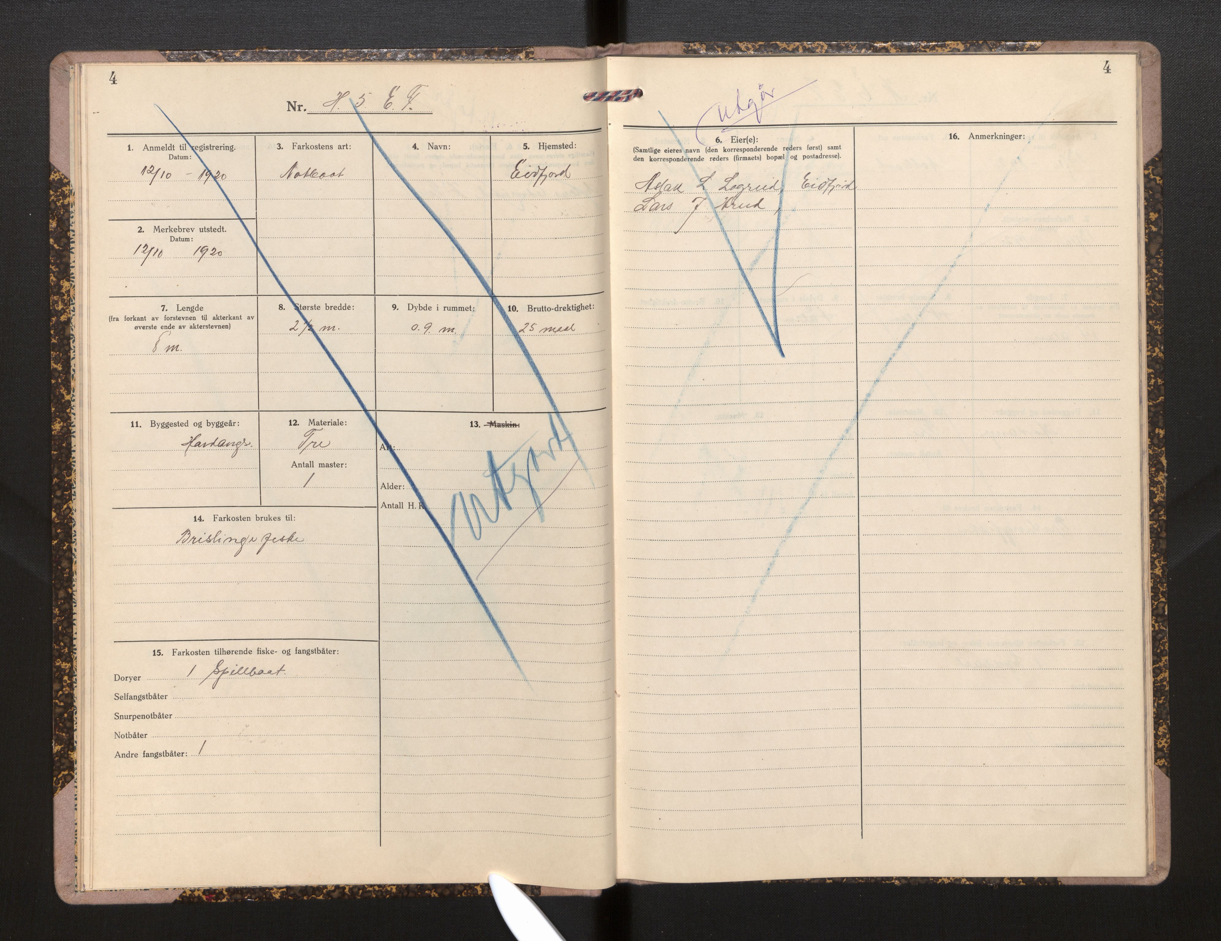 Fiskeridirektoratet - 1 Adm. ledelse - 13 Båtkontoret, SAB/A-2003/I/Ia/Iah/L0032: 135.0810/1 Merkeprotokoll - Eidfjord, 1920-1942