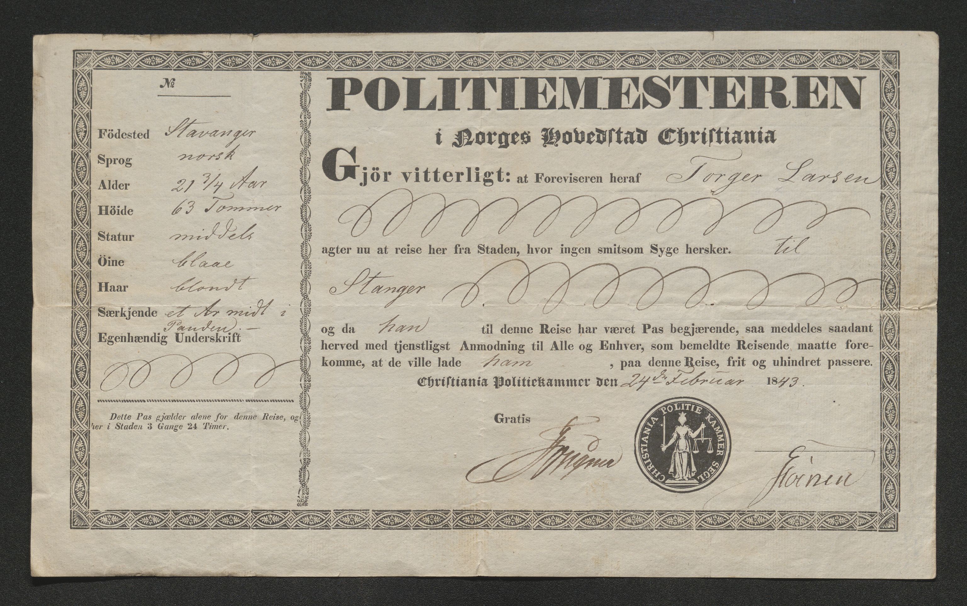 Drammen politikammer, AV/SAKO-A-623/I/Ia/Iab/L0007: Innleverte pass, 1843-1844, s. 75