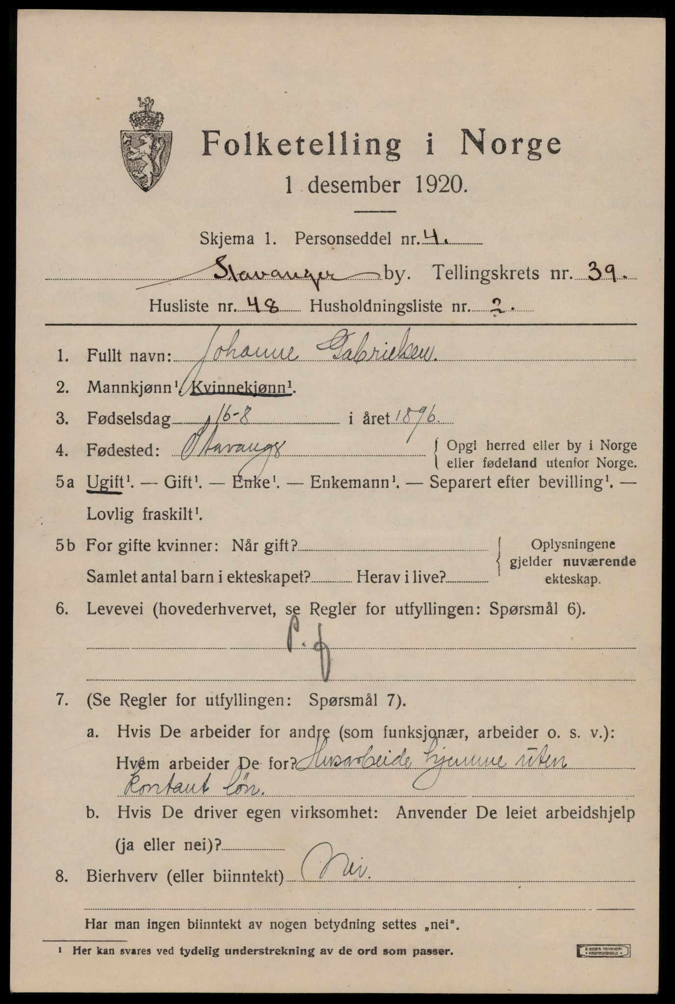 SAST, Folketelling 1920 for 1103 Stavanger kjøpstad, 1920, s. 101602