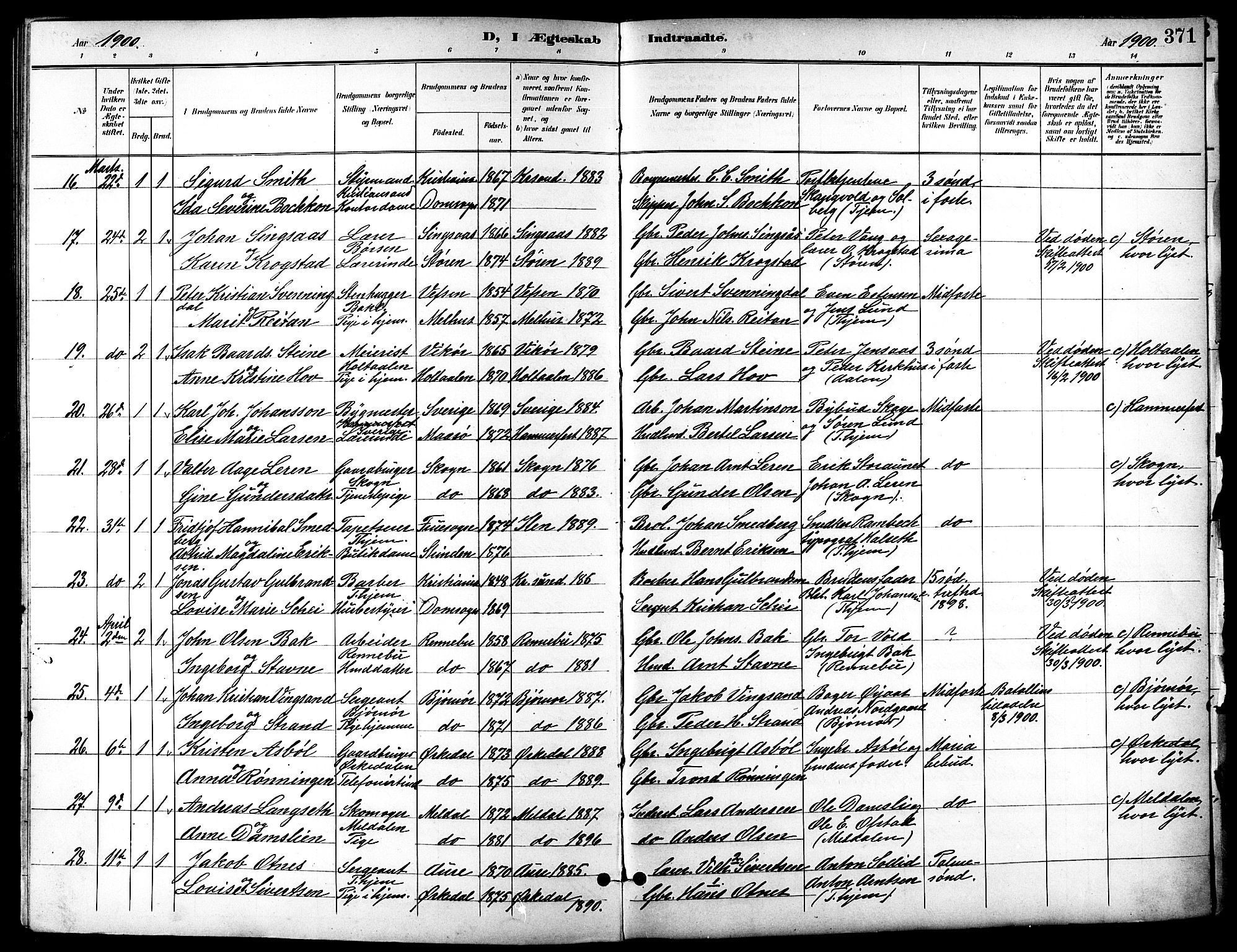 Ministerialprotokoller, klokkerbøker og fødselsregistre - Sør-Trøndelag, AV/SAT-A-1456/601/L0094: Klokkerbok nr. 601C12, 1898-1911, s. 371